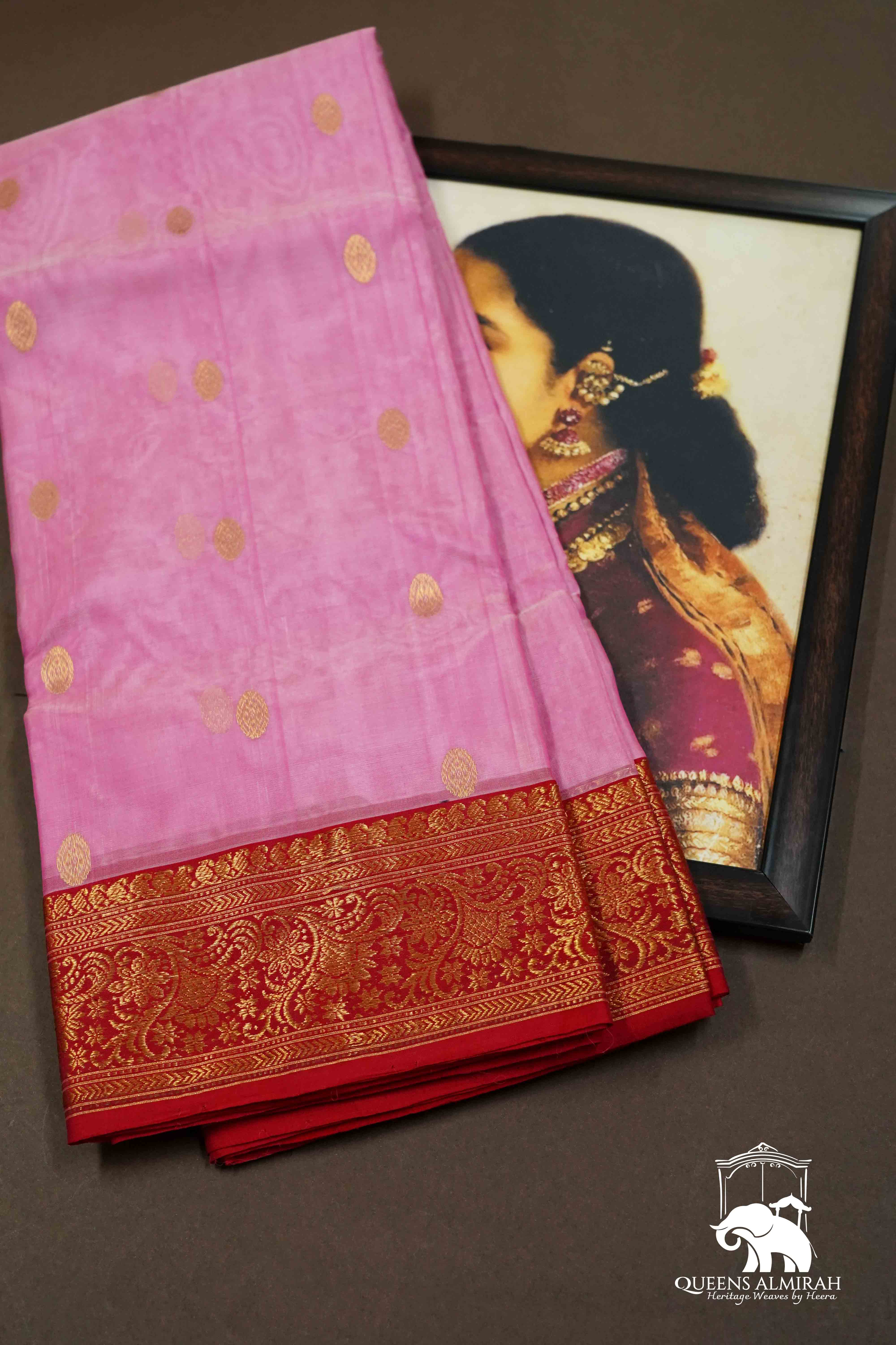 TULIP PINK WITH RED - TRADITIONAL KATAN CHANDERI KATAN SILK HANDLOOM SAREE - Queens Jewel Emporium
