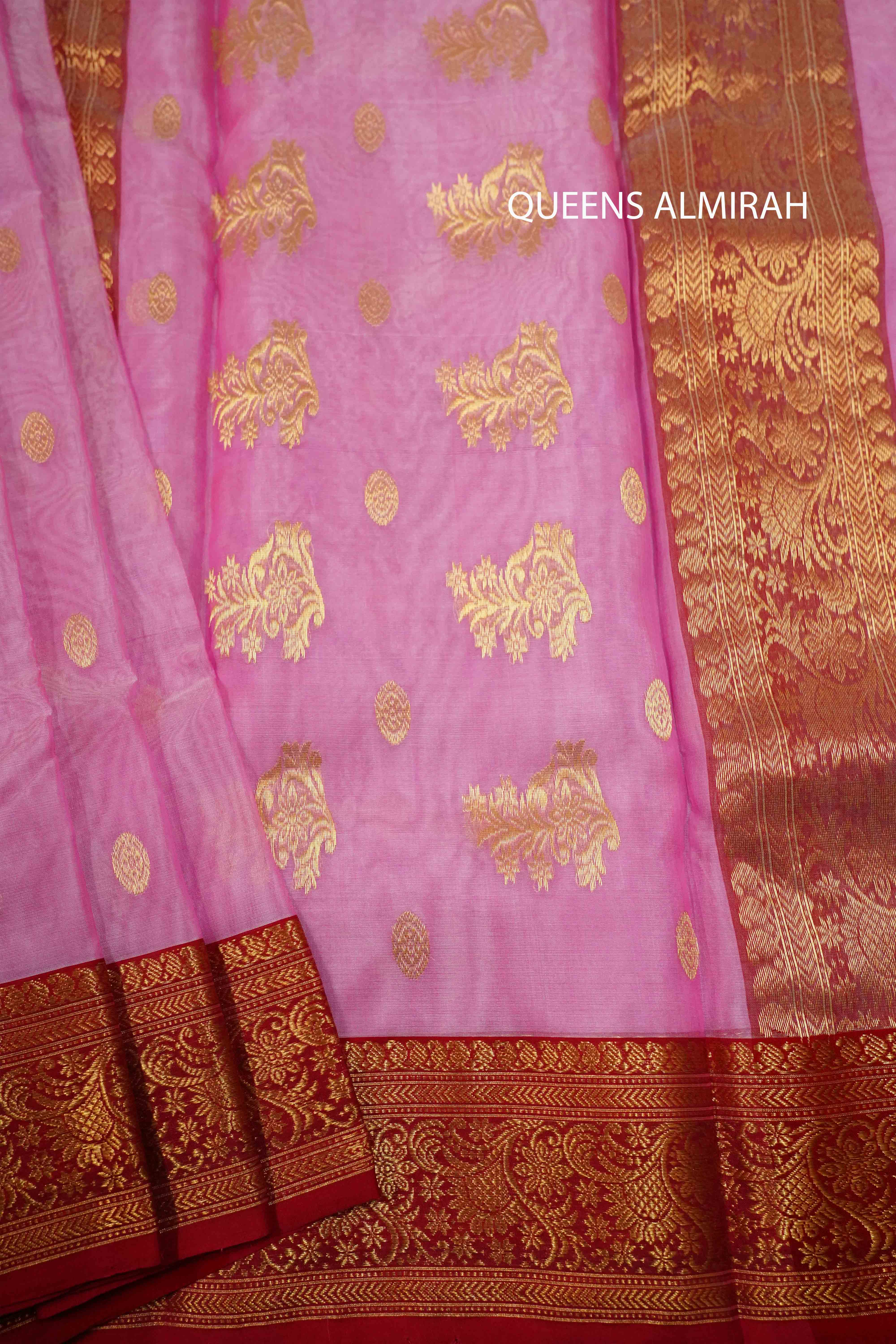 TULIP PINK WITH RED - TRADITIONAL KATAN CHANDERI KATAN SILK HANDLOOM SAREE - Queens Jewel Emporium
