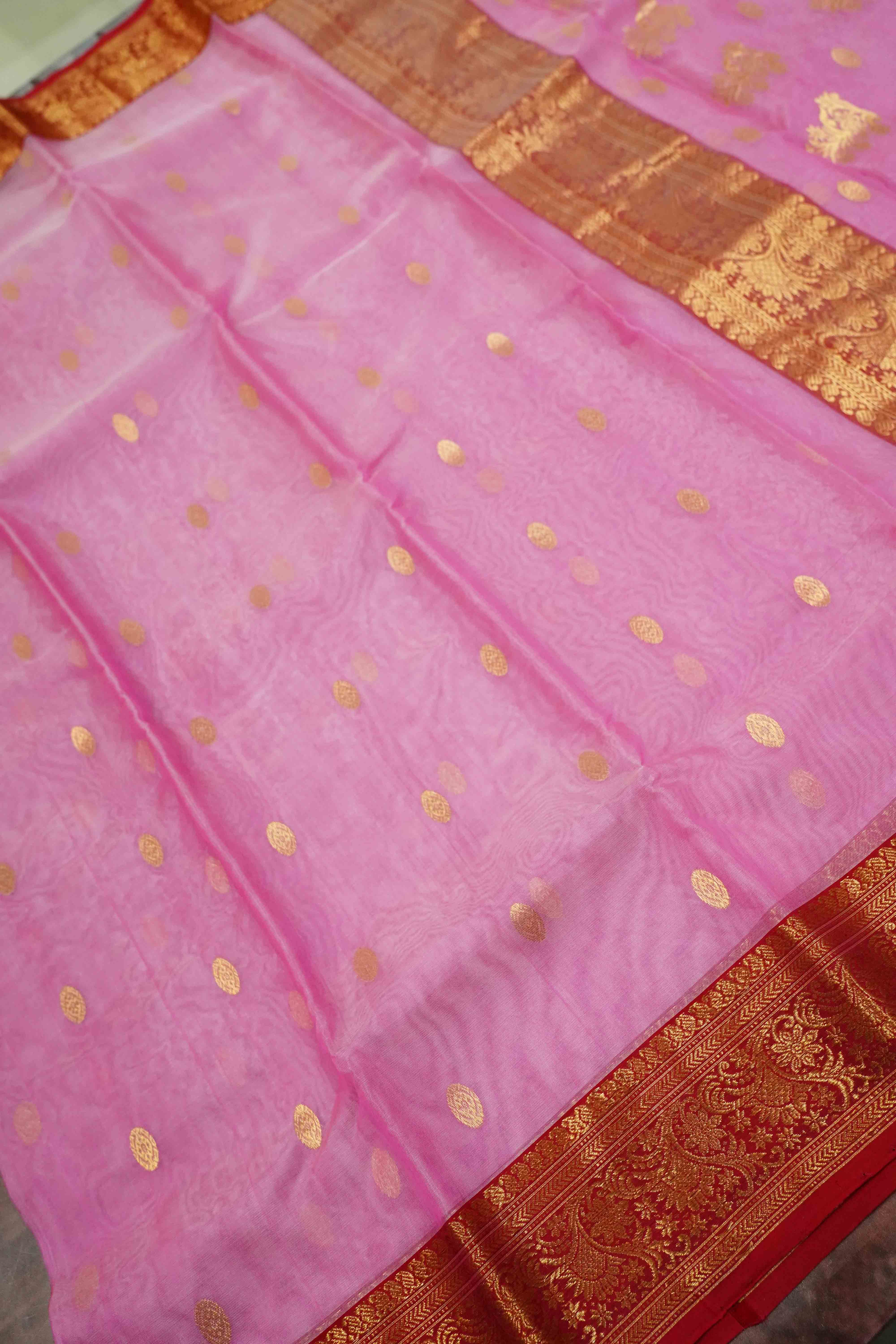 TULIP PINK WITH RED - TRADITIONAL KATAN CHANDERI KATAN SILK HANDLOOM SAREE - Queens Jewel Emporium