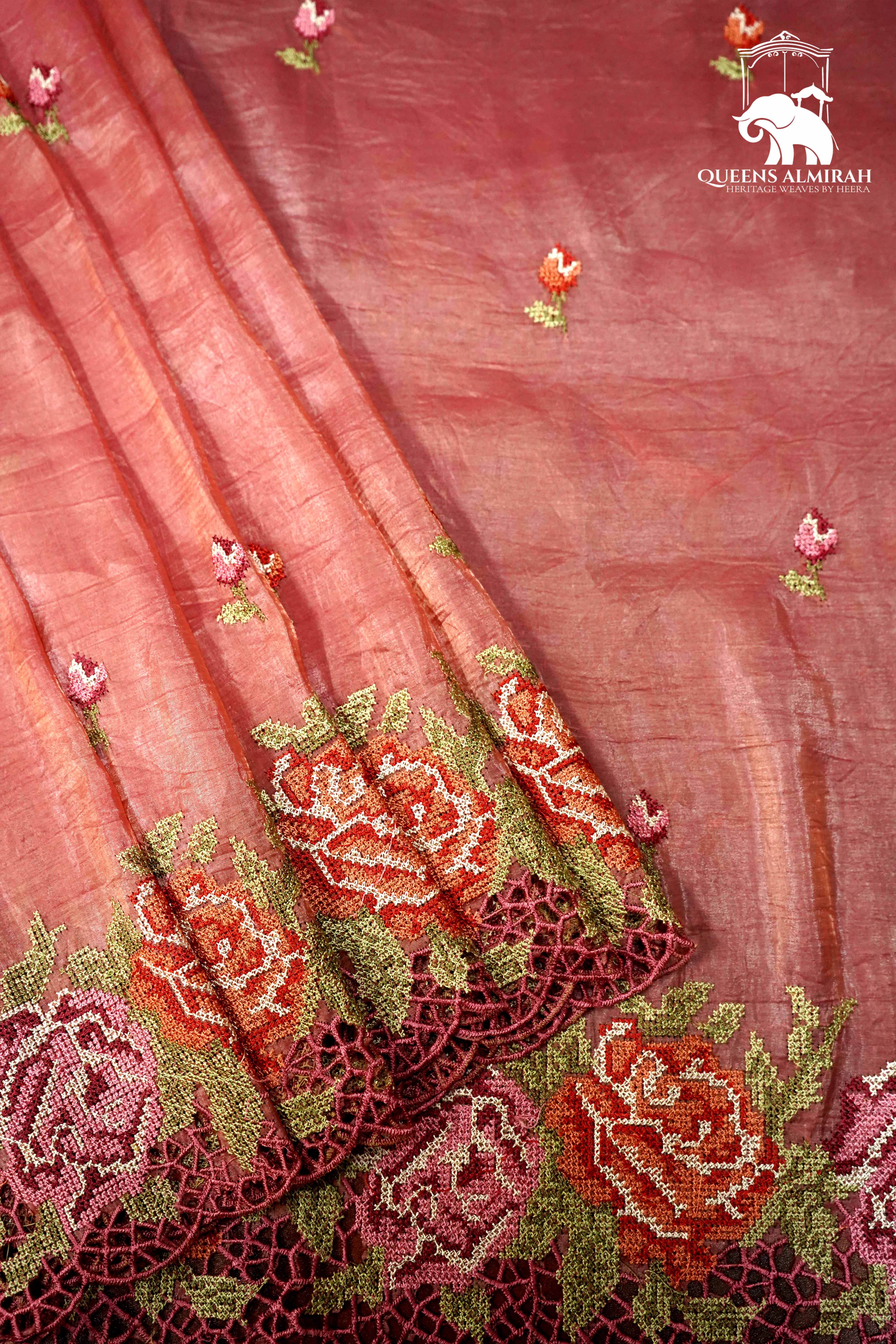 TURKISH ROSE PINK WITH EMBROIDERY BORDER TISSUE SAREE - Queens Jewel Emporium
