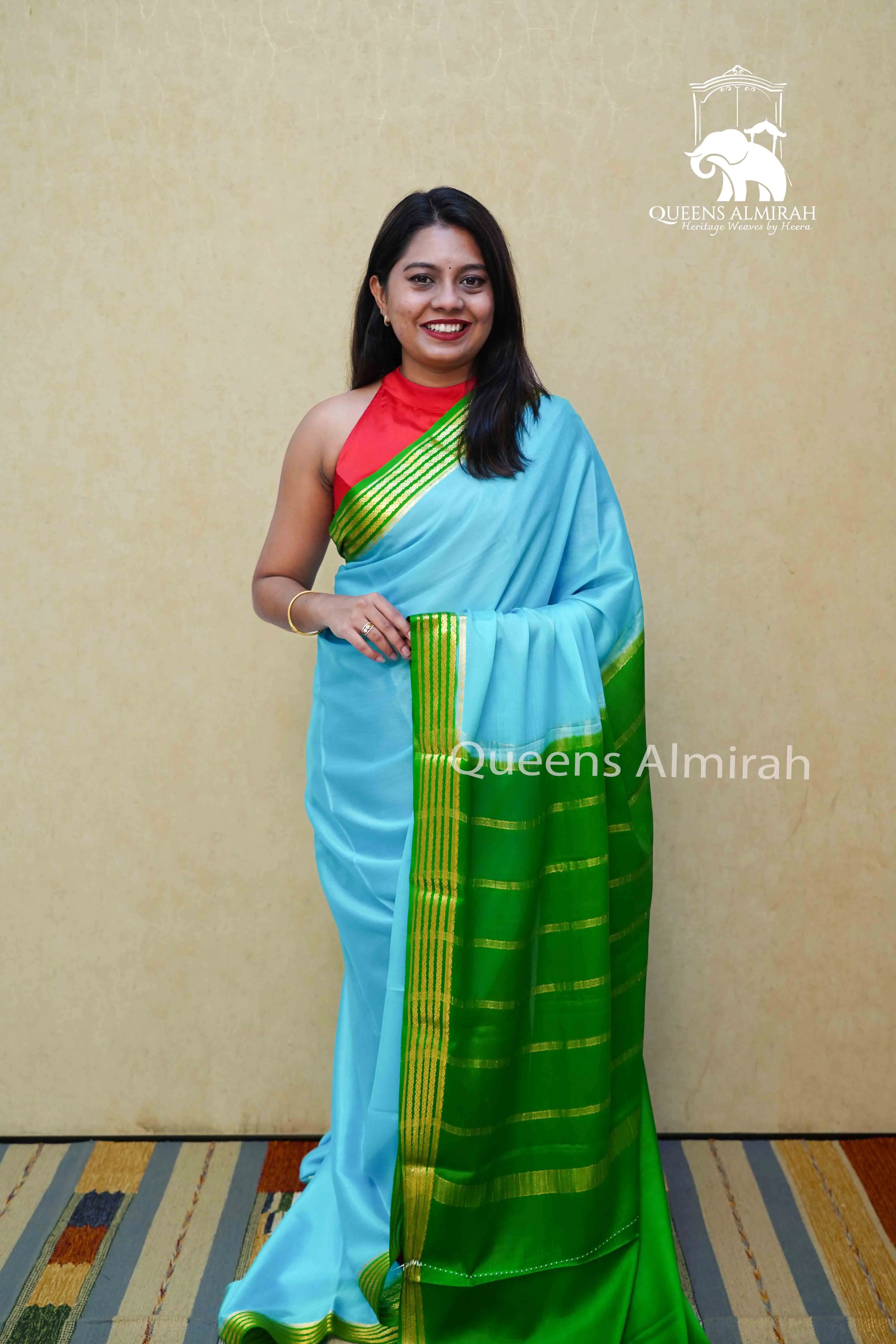 TURQUOISE BLUE WITH  DEEP GREEN MYSORE SILK SAREE - Queens Jewel Emporium