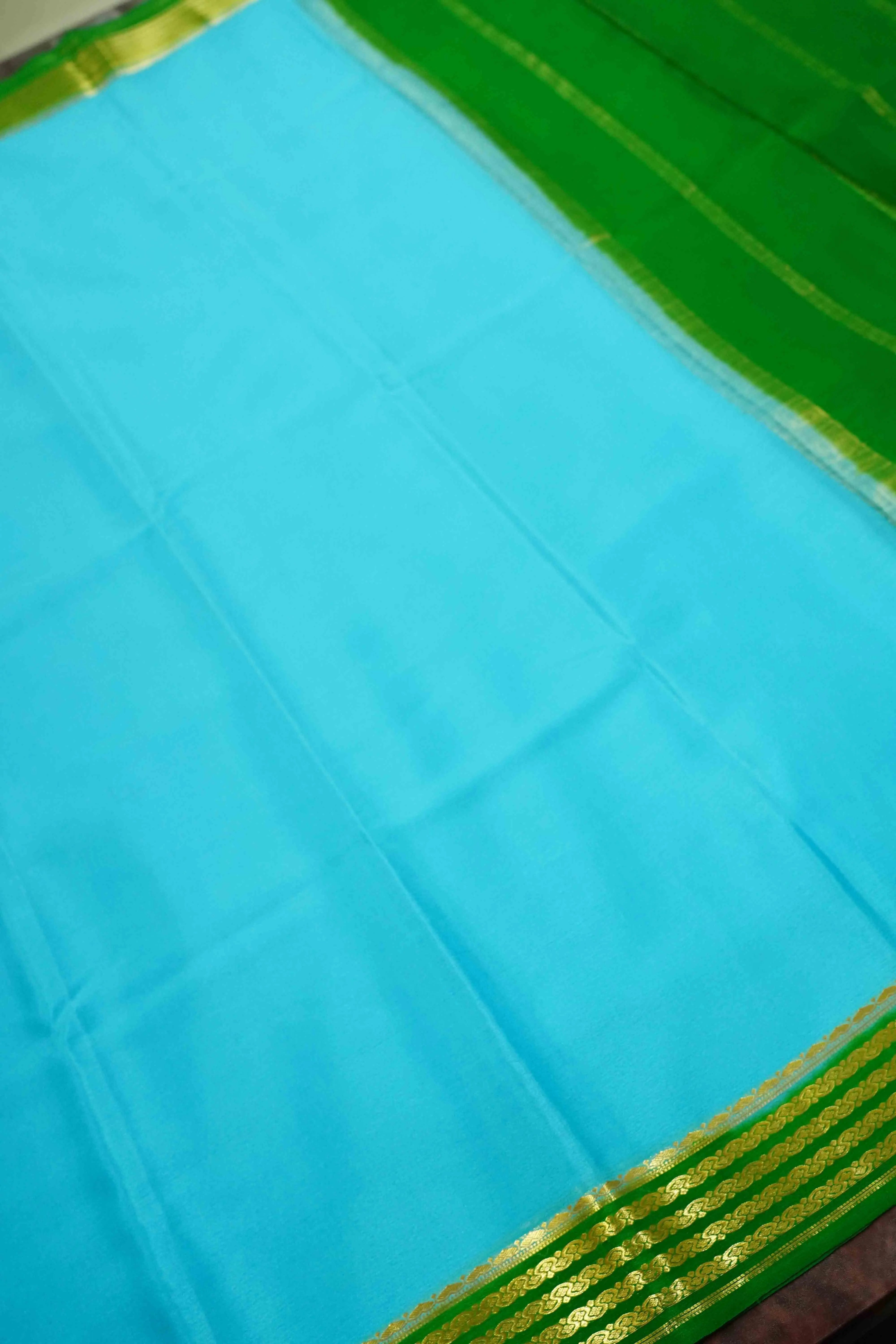 TURQUOISE BLUE WITH  DEEP GREEN MYSORE SILK SAREE - Queens Jewel Emporium
