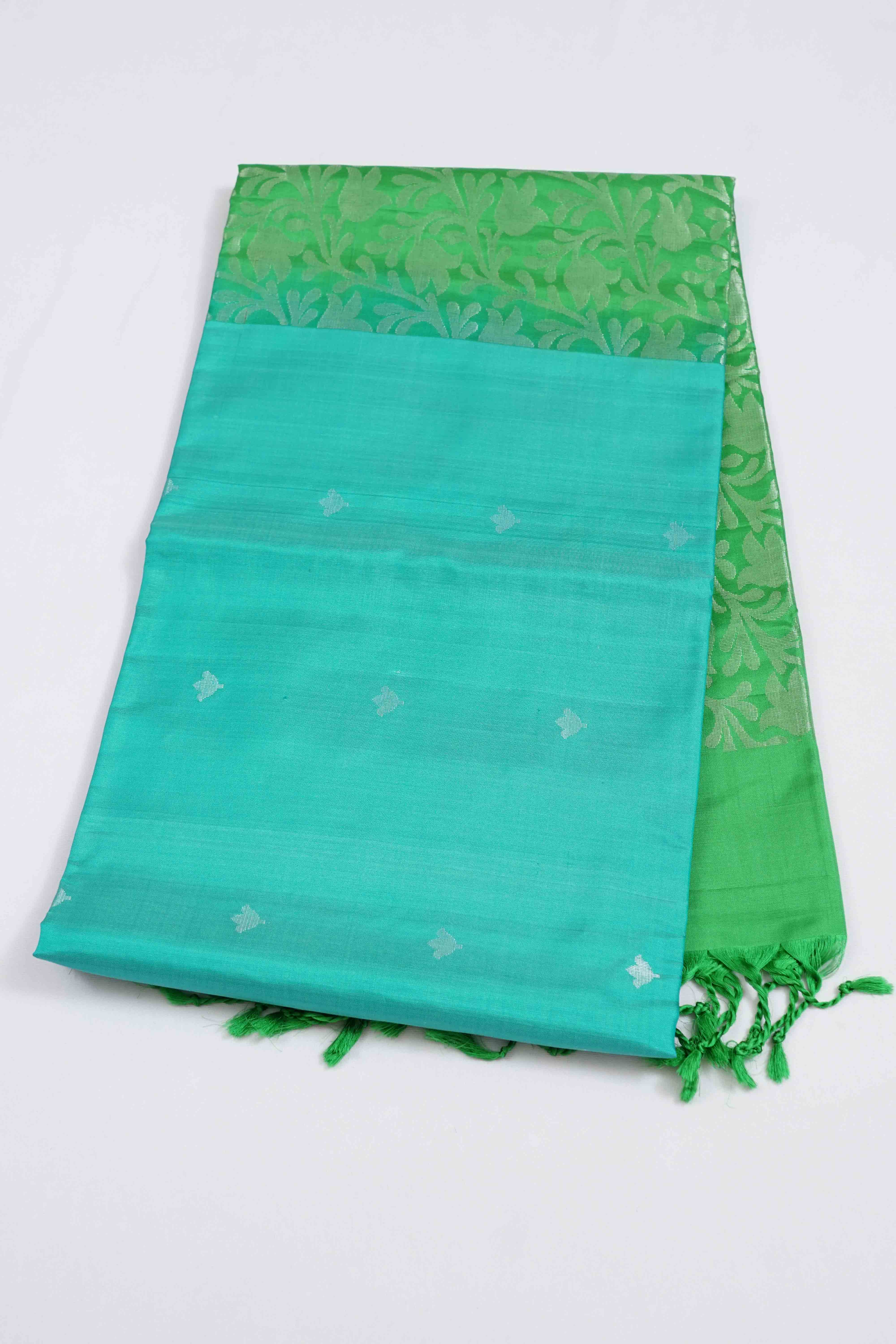 TURQUOISE BLUE WITH GREEN PURE SOFT SILK SAREE - Queens Jewel Emporium