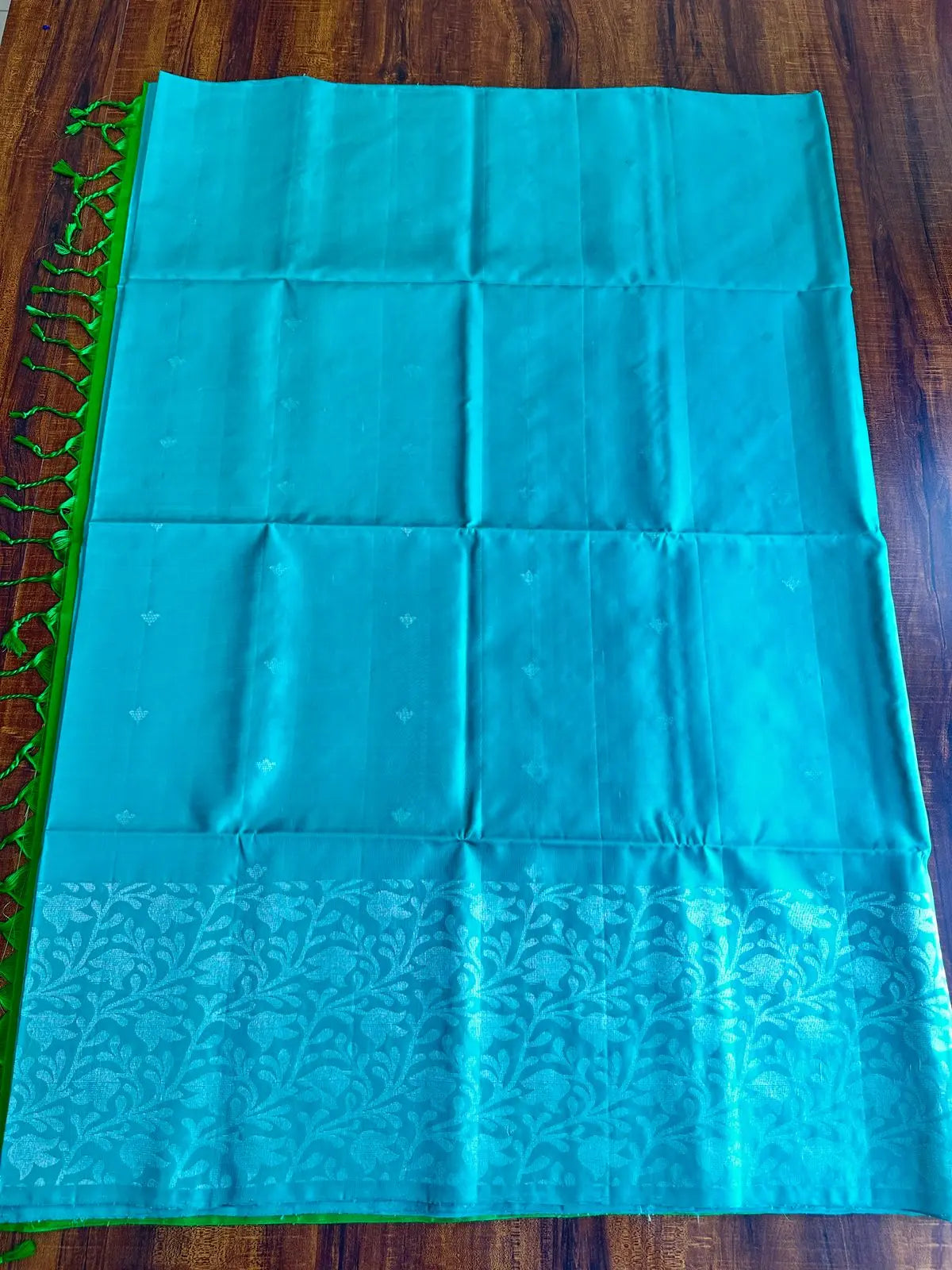 TURQUOISE BLUE WITH GREEN PURE SOFT SILK SAREE - Queens Jewel Emporium