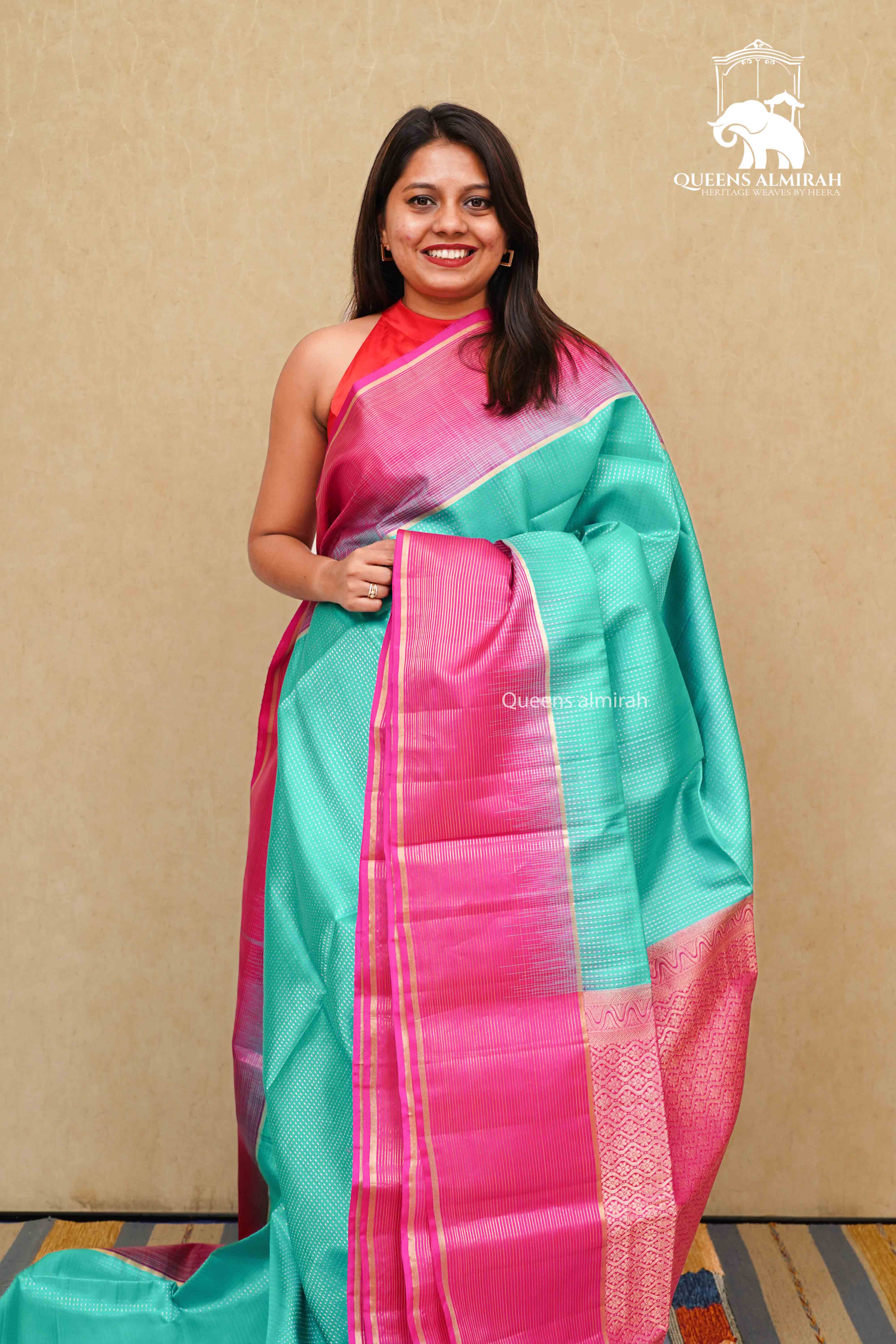 TURQUOISE BLUE WITH PURPLE PURE KANCHI SOFT SILK SAREE - Queens Jewel Emporium