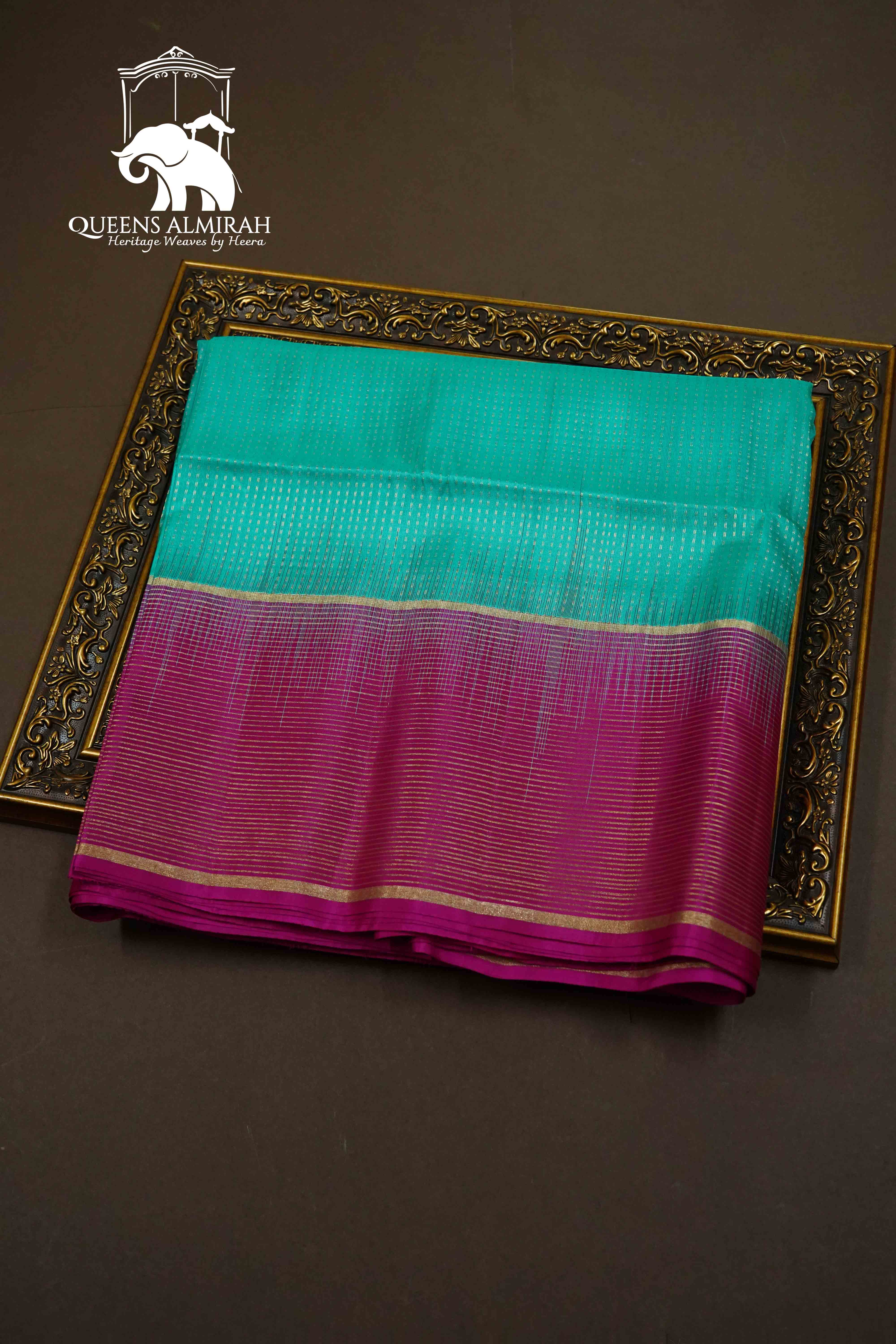 TURQUOISE BLUE WITH PURPLE PURE KANCHI SOFT SILK SAREE - Queens Jewel Emporium
