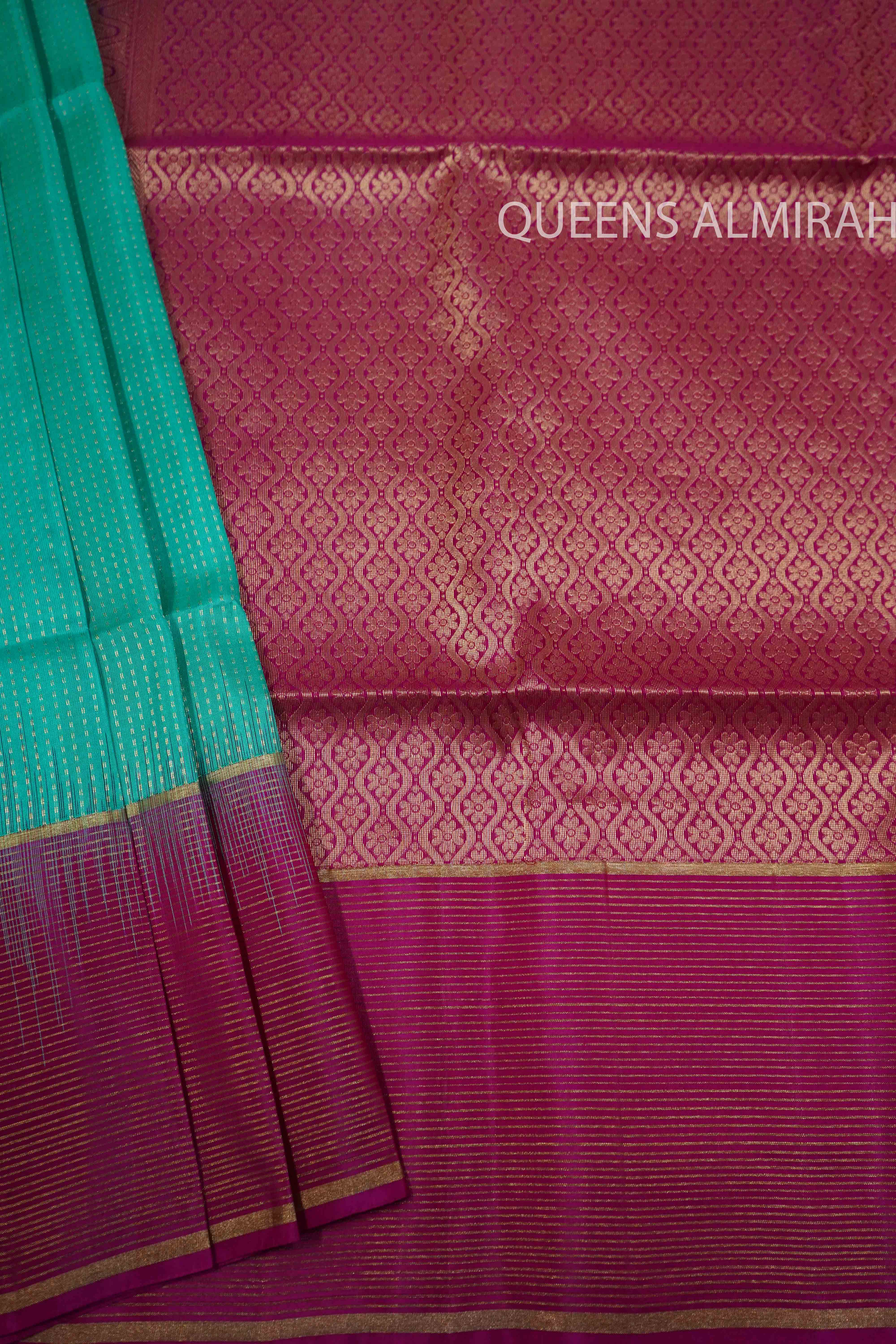 TURQUOISE BLUE WITH PURPLE PURE KANCHI SOFT SILK SAREE - Queens Jewel Emporium