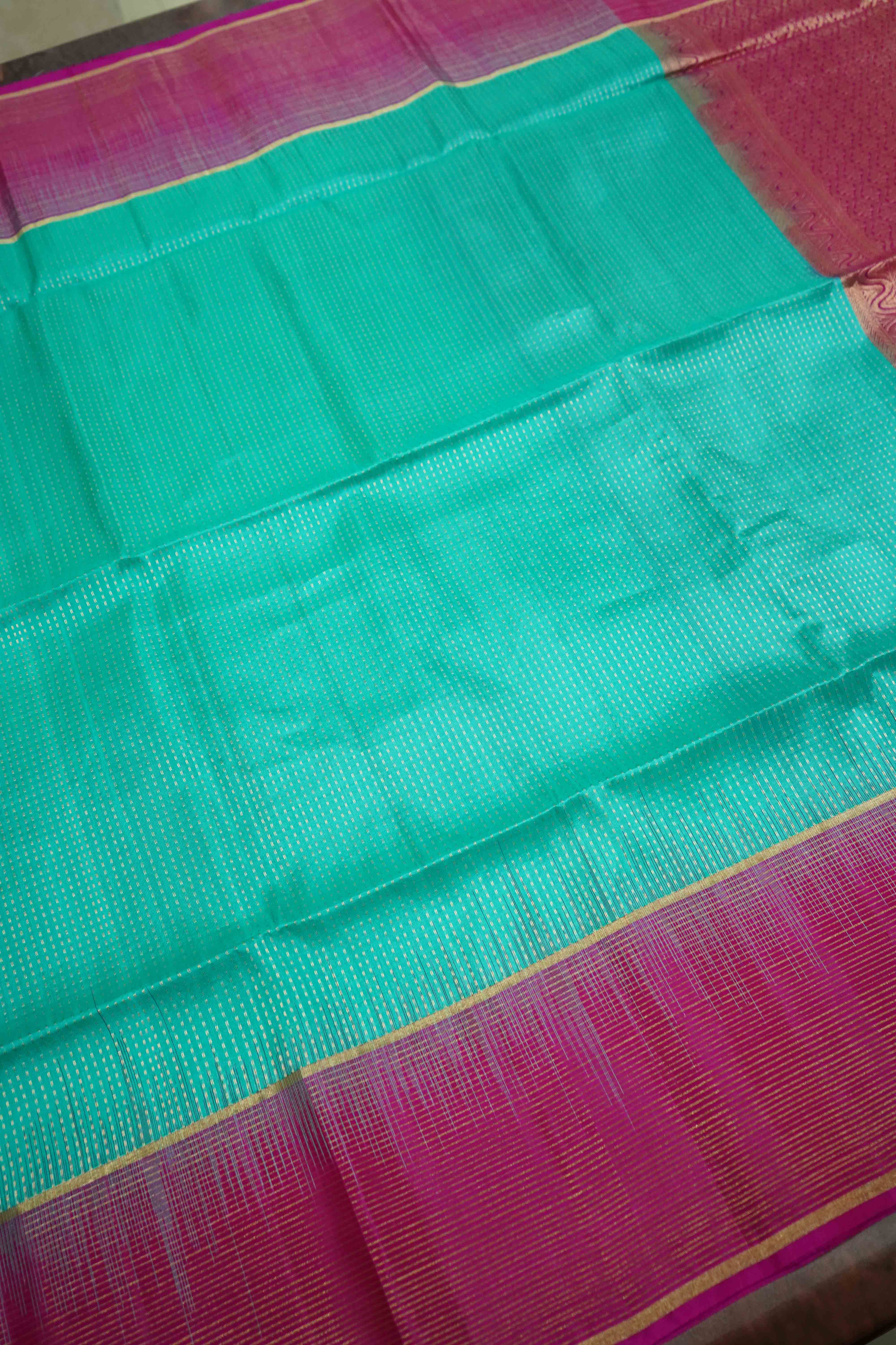 TURQUOISE BLUE WITH PURPLE PURE KANCHI SOFT SILK SAREE - Queens Jewel Emporium