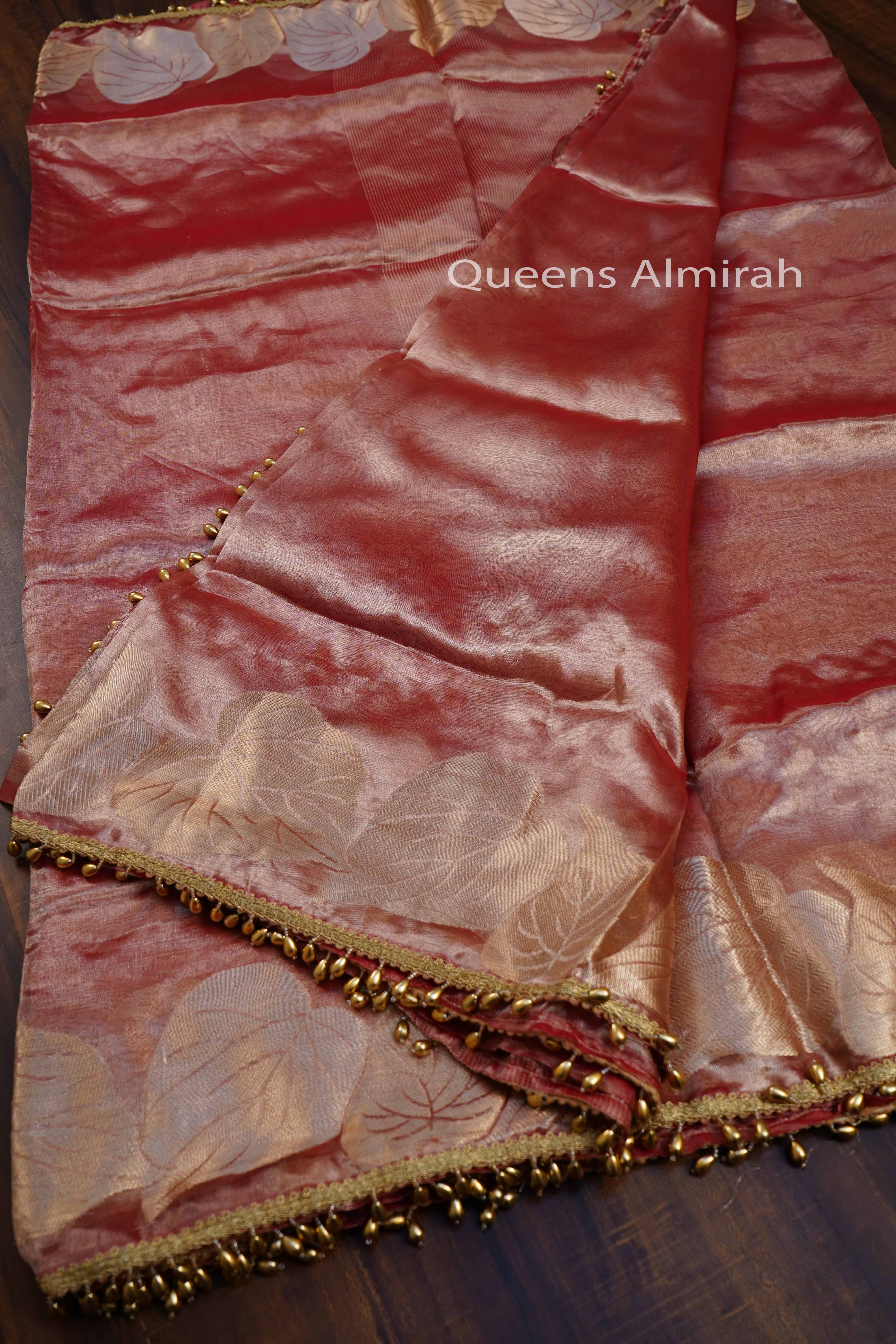 TERRACOTTA ORANGE PURE BANARASI SILK SAREE - Queens Jewel Emporium