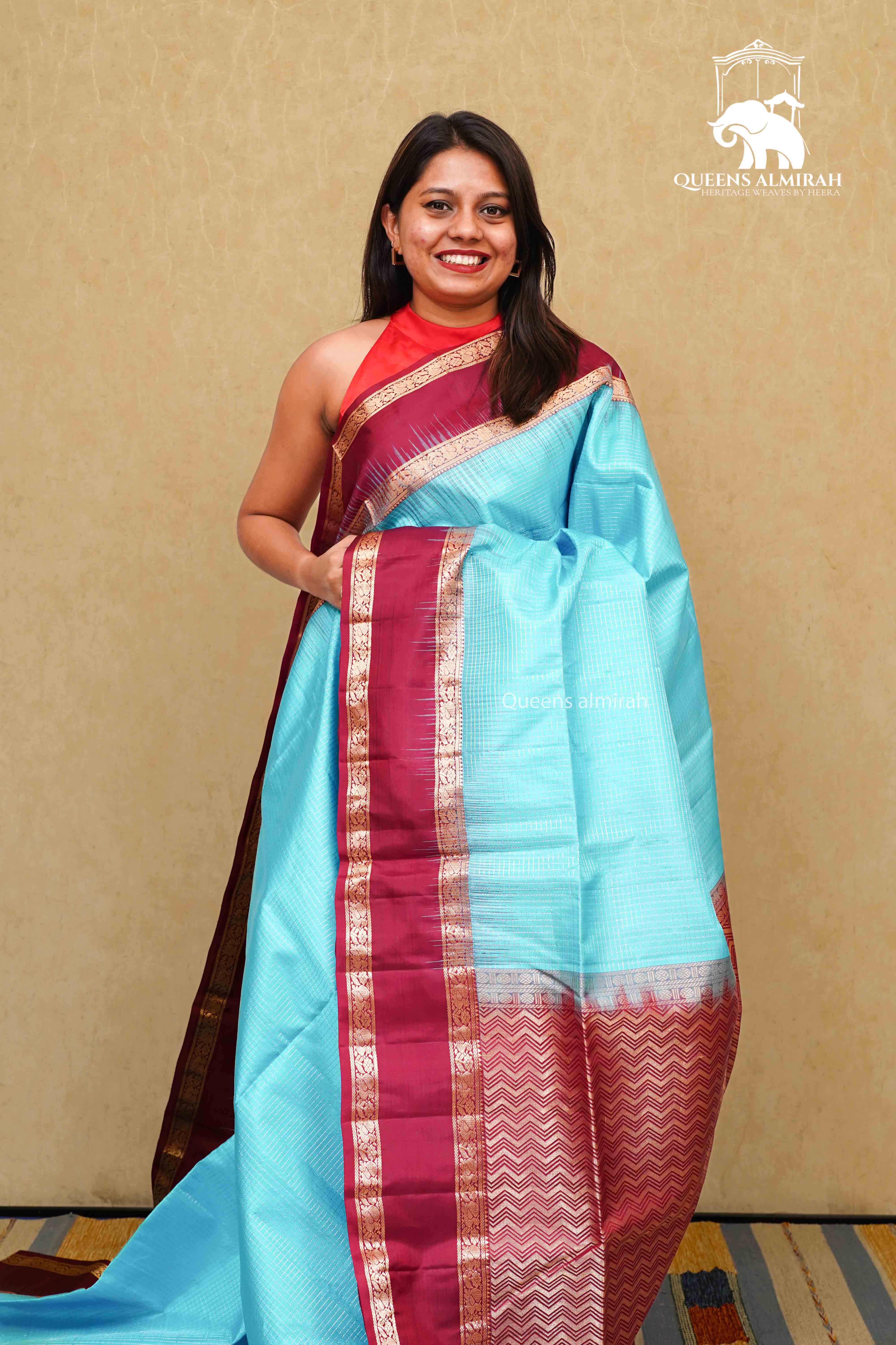 TURQUOISE BLUE WITH DARK MAROON PURE KANCHI SOFT SILK SAREE - Queens Jewel Emporium