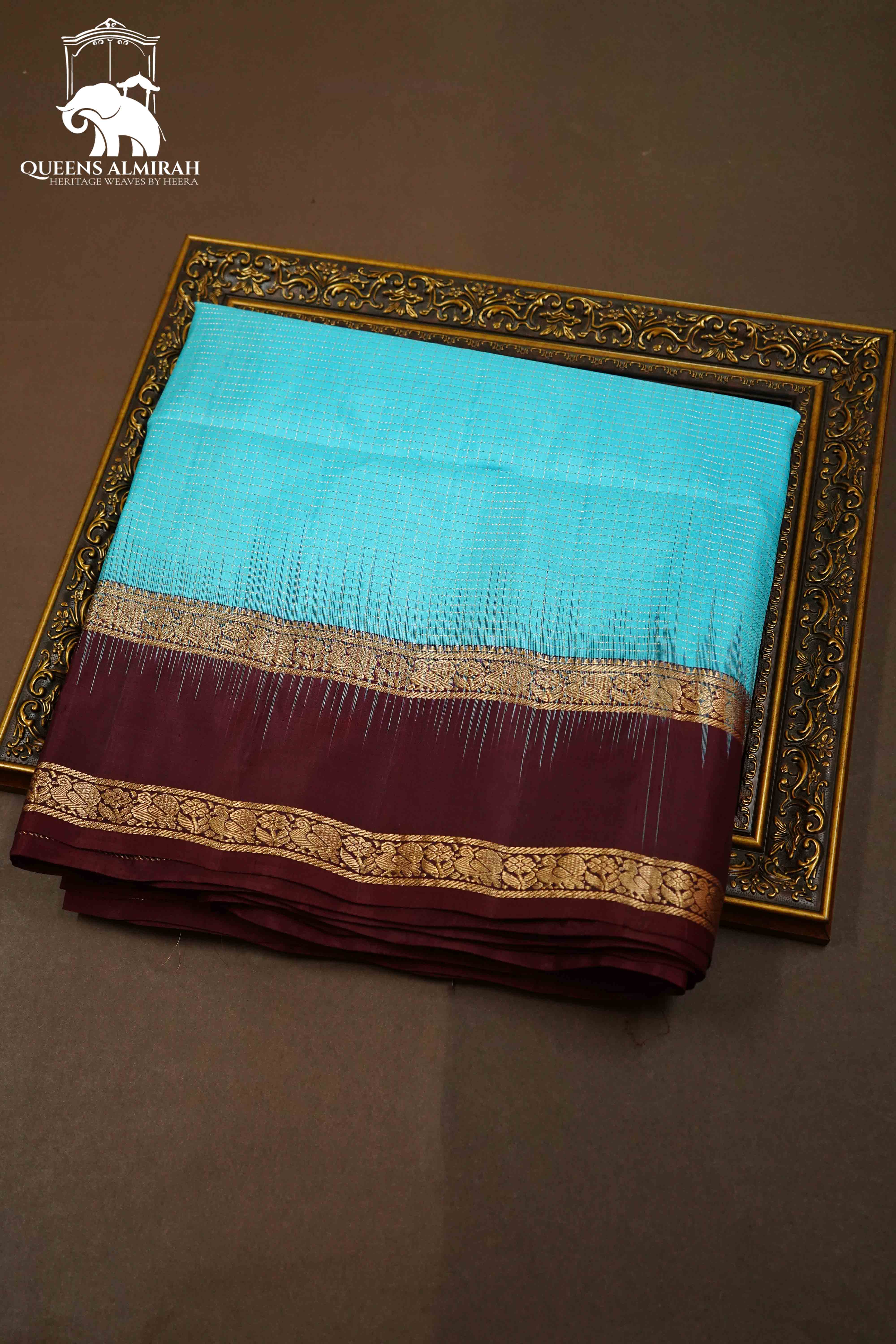 TURQUOISE BLUE WITH DARK MAROON PURE KANCHI SOFT SILK SAREE - Queens Jewel Emporium