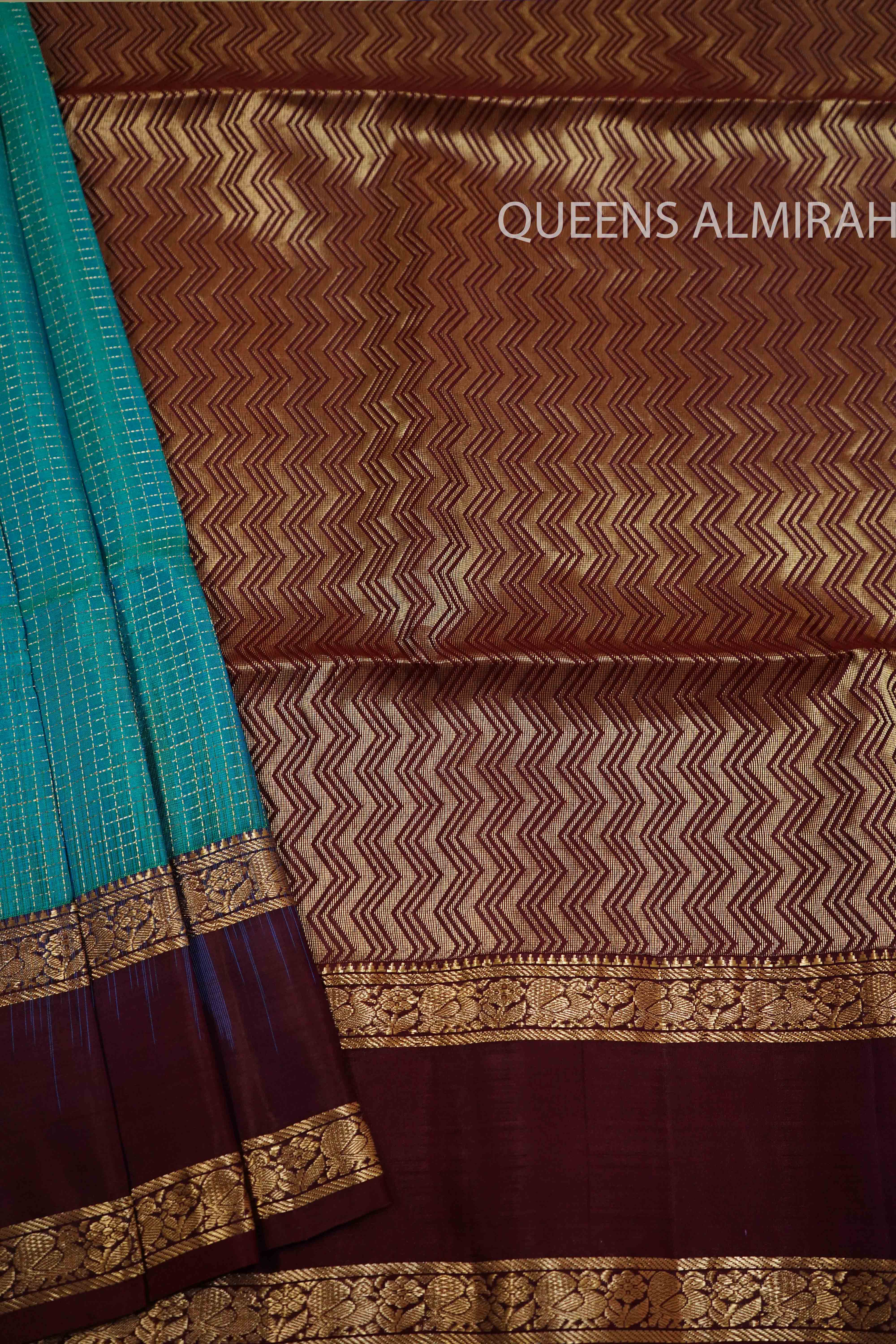 TURQUOISE BLUE WITH DARK MAROON PURE KANCHI SOFT SILK SAREE - Queens Jewel Emporium