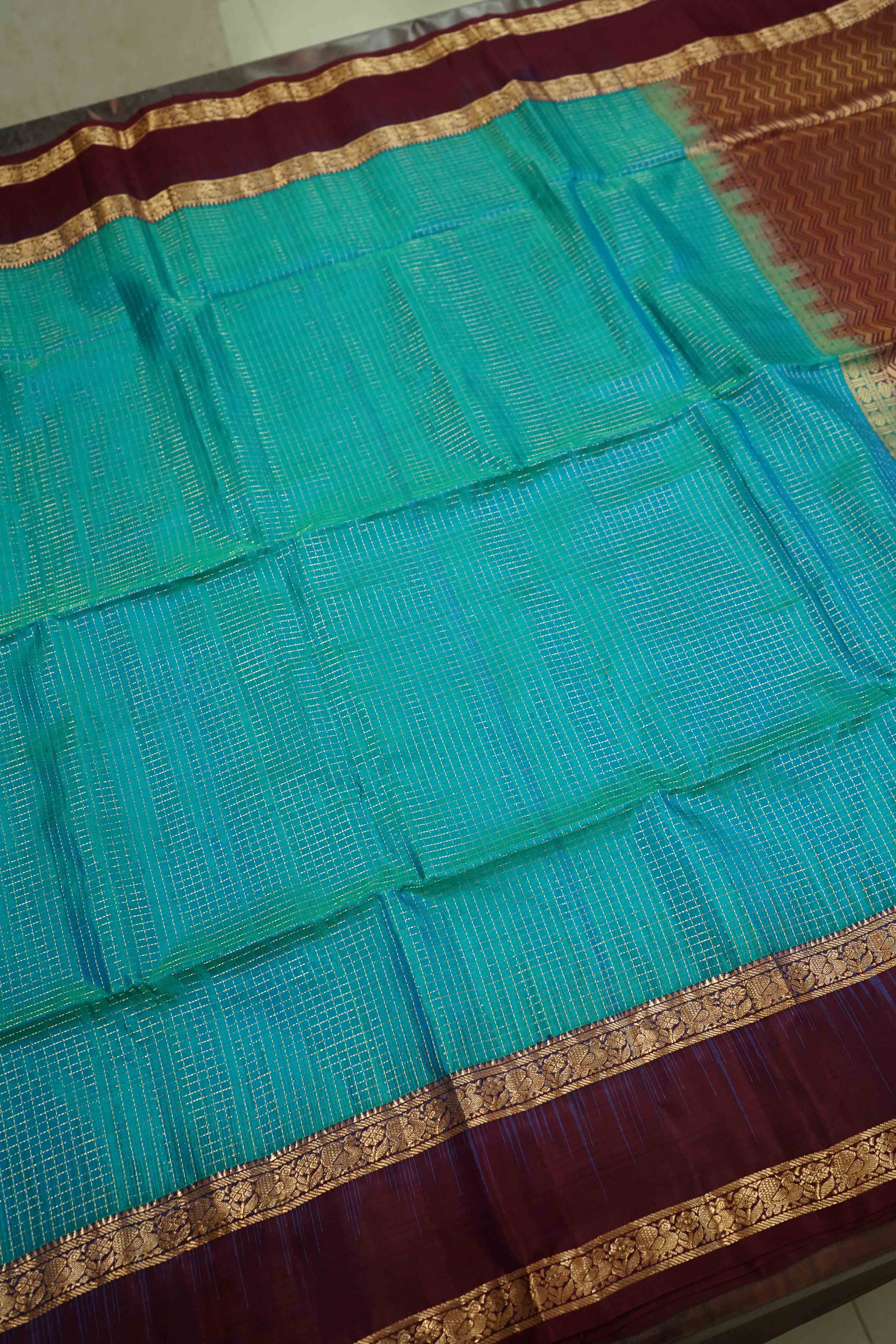 TURQUOISE BLUE WITH DARK MAROON PURE KANCHI SOFT SILK SAREE - Queens Jewel Emporium