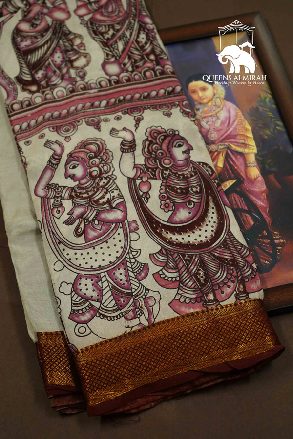 OFF WHITE WITH SEAL BROWN MANGALGIRI SAREE - Queens Jewel Emporium