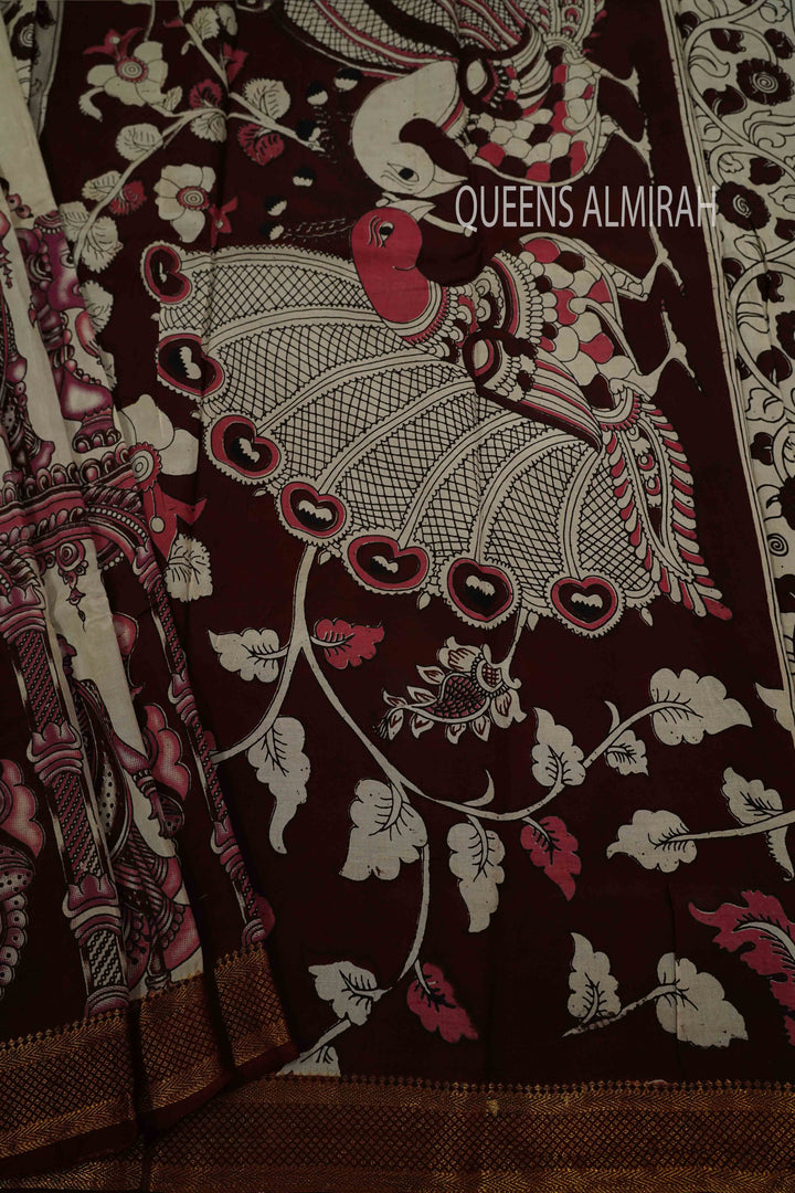 OFF WHITE WITH SEAL BROWN MANGALGIRI SAREE - Queens Jewel Emporium