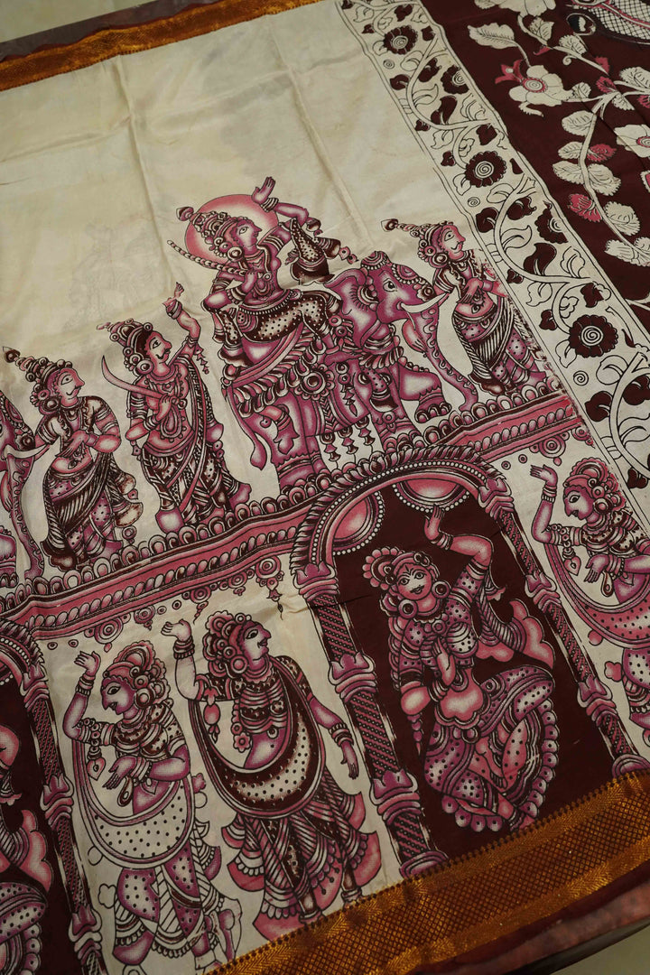 OFF WHITE WITH SEAL BROWN MANGALGIRI SAREE - Queens Jewel Emporium