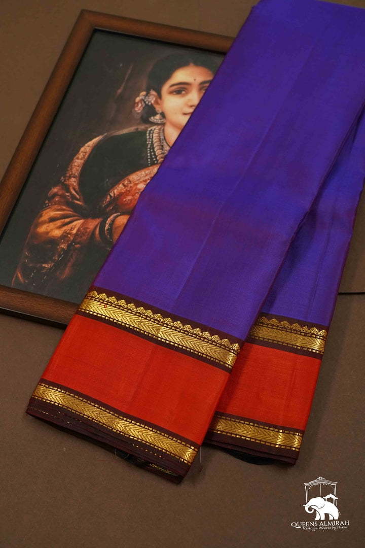 BRINJAL PURPLE WITH CORAL RED PURE KANCHIVARAM SILK SAREE - Queens Jewel Emporium