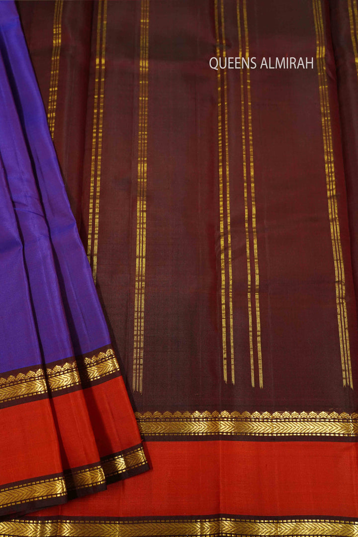 BRINJAL PURPLE WITH CORAL RED PURE KANCHIVARAM SILK SAREE - Queens Jewel Emporium