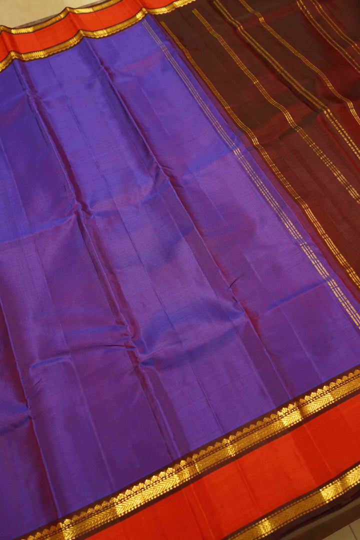BRINJAL PURPLE WITH CORAL RED PURE KANCHIVARAM SILK SAREE - Queens Jewel Emporium