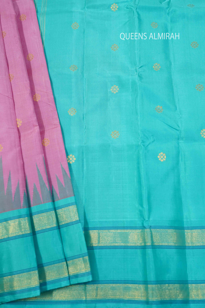 ROSE MILK PINK WITH BLUE GREEN PURE KANCHIVARAM SILK SAREE - Queens Jewel Emporium