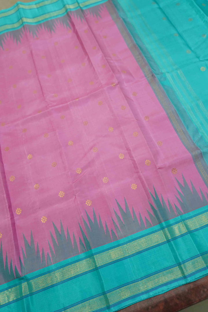 ROSE MILK PINK WITH BLUE GREEN PURE KANCHIVARAM SILK SAREE - Queens Jewel Emporium