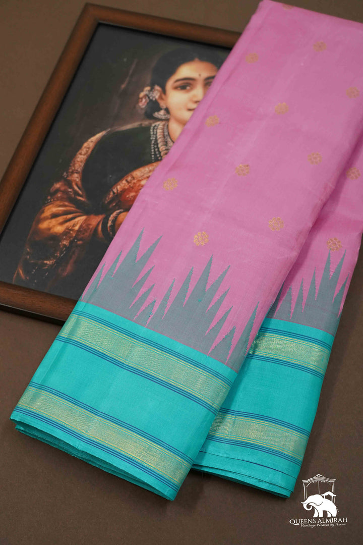 ROSE MILK PINK WITH BLUE GREEN PURE KANCHIVARAM SILK SAREE - Queens Jewel Emporium