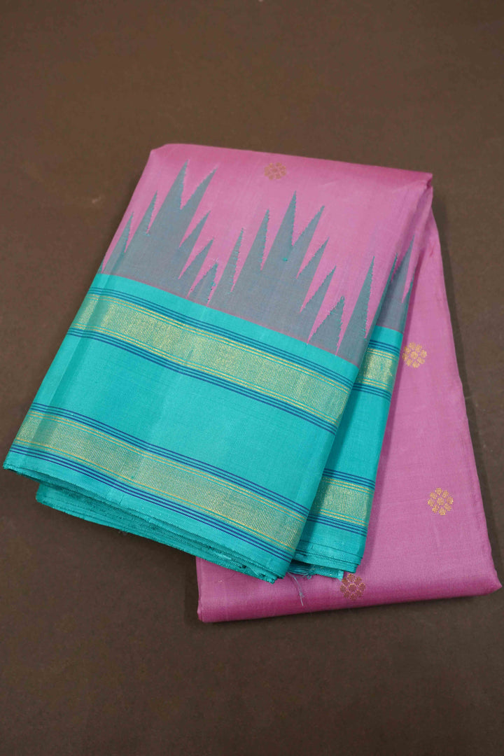 ROSE MILK PINK WITH BLUE GREEN PURE KANCHIVARAM SILK SAREE - Queens Jewel Emporium