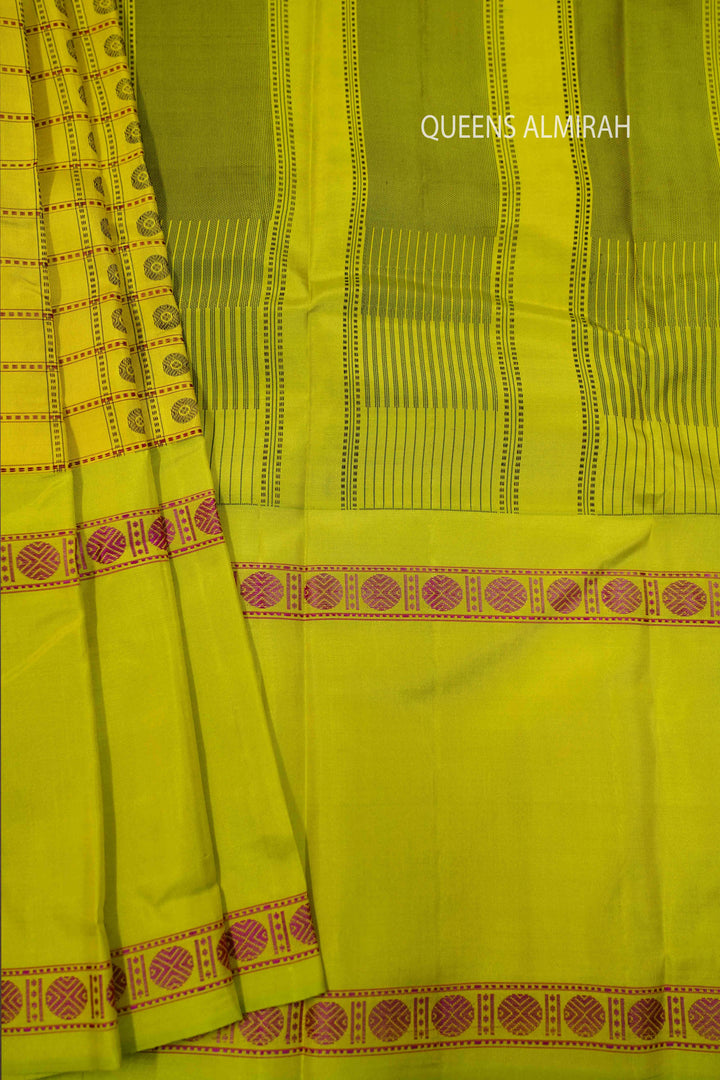 OLIVE YELLOW WITH PEA GREEN PURE KANCHIVARAM SILK SAREE - Queens Jewel Emporium