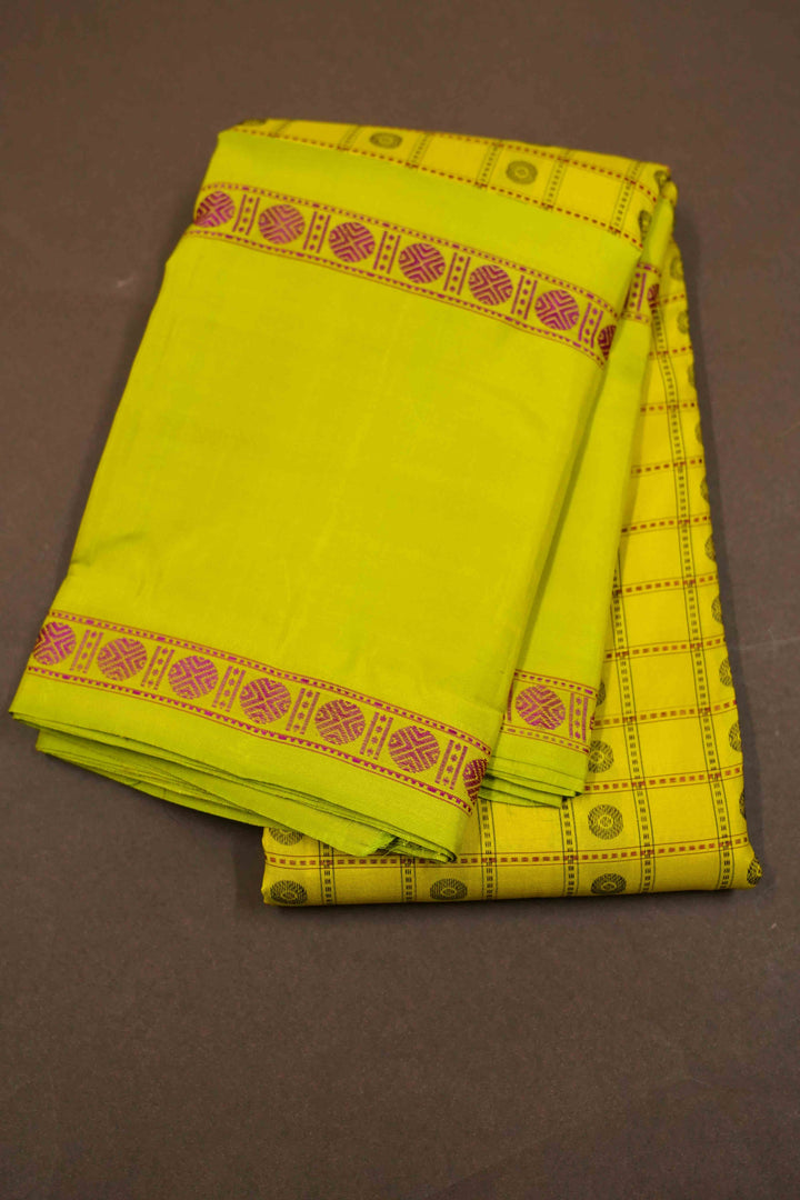 OLIVE YELLOW WITH PEA GREEN PURE KANCHIVARAM SILK SAREE - Queens Jewel Emporium