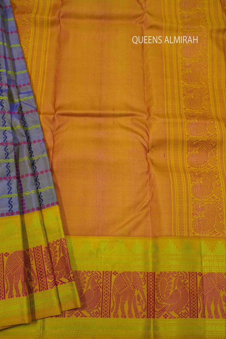 DARK LILAC WITH MANGO YELLOW PURE KANCHIVARAM SILK SAREE - Queens Jewel Emporium