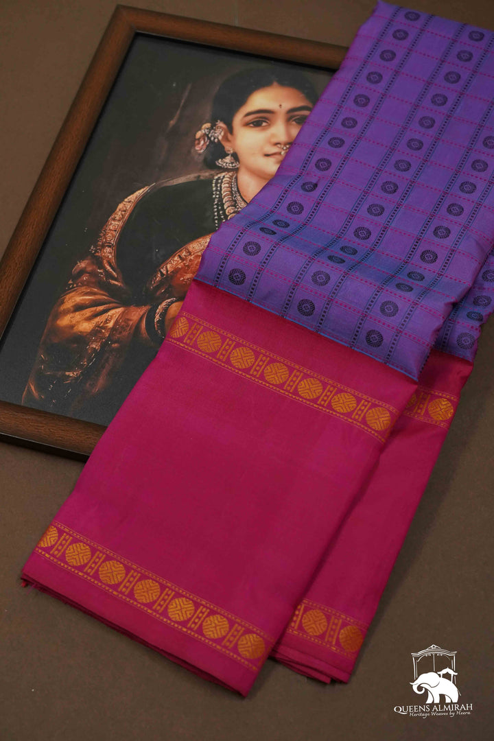 PASSIA FLOWER PURPLE WITH MAGENTA PURE KANCHIVARAM SILK SAREE - Queens Jewel Emporium