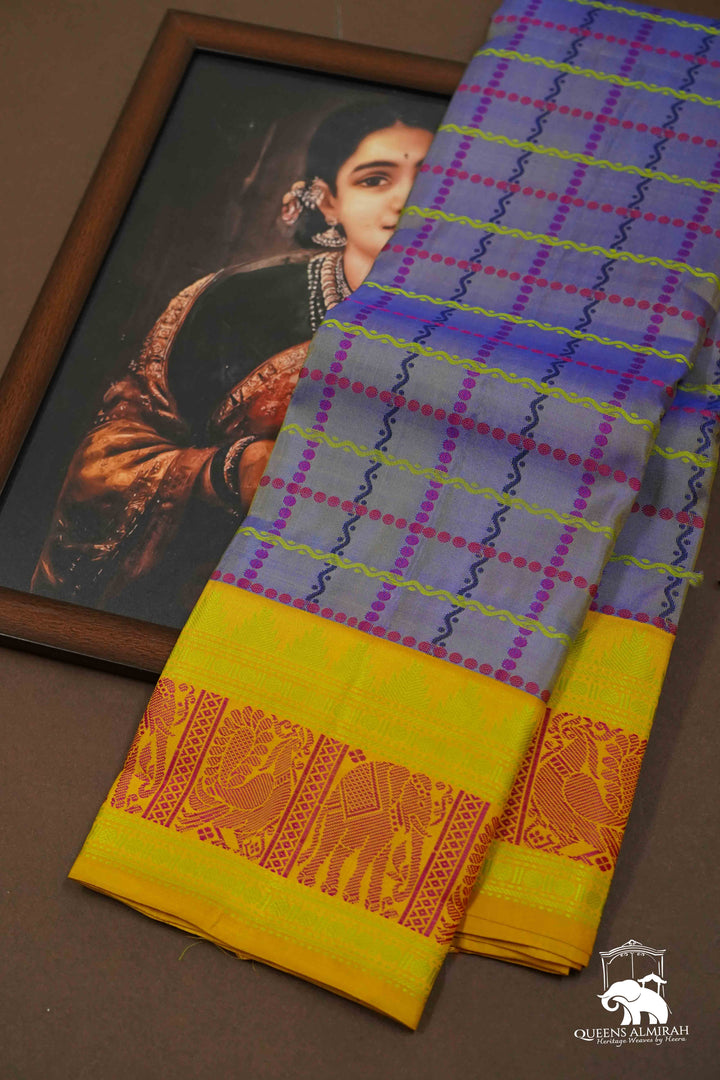 DARK LILAC WITH MANGO YELLOW PURE KANCHIVARAM SILK SAREE - Queens Jewel Emporium