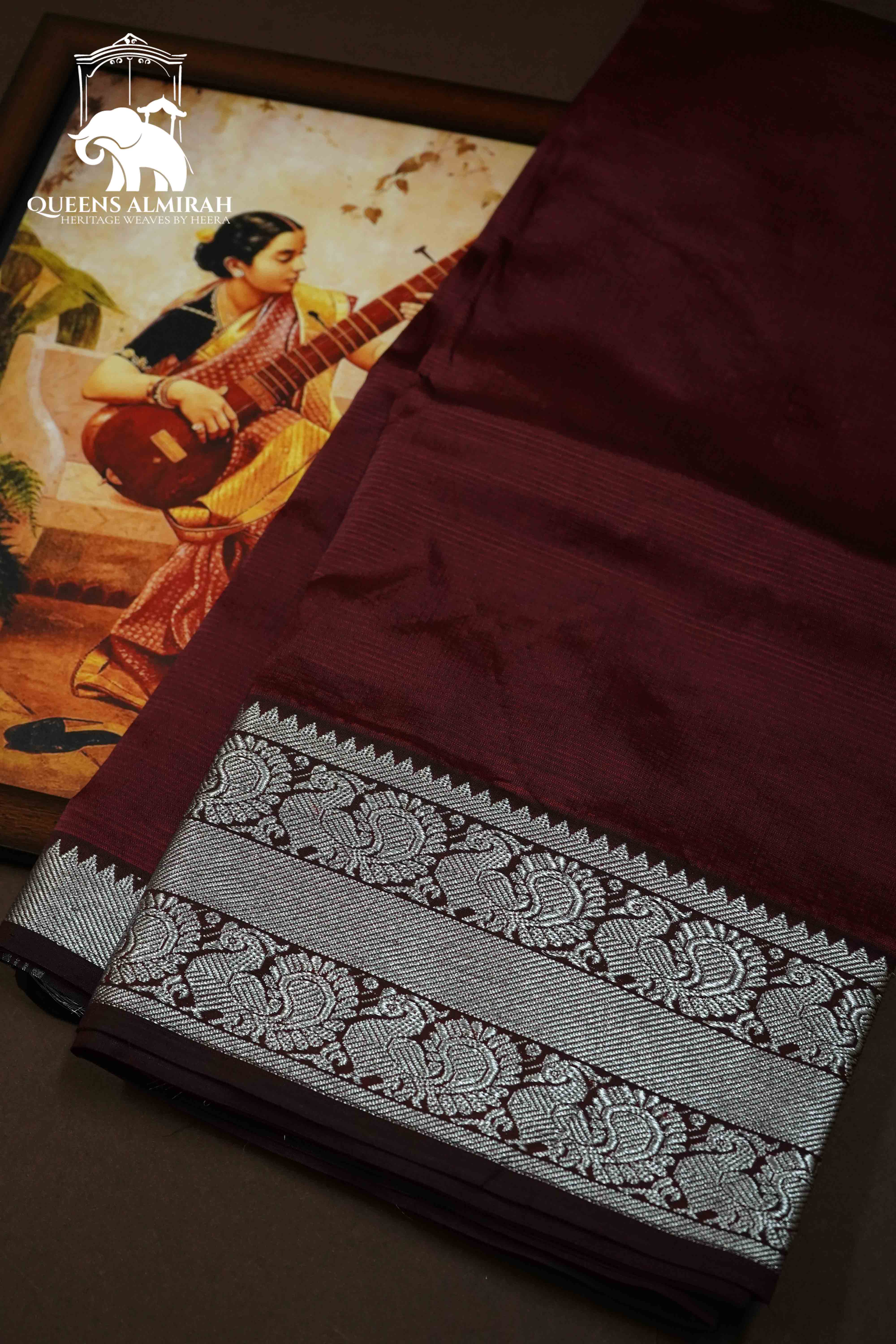 VELVET MAROON WIITH WOVEN BORDER MANGALGIRI SAREE - Queens Jewel Emporium