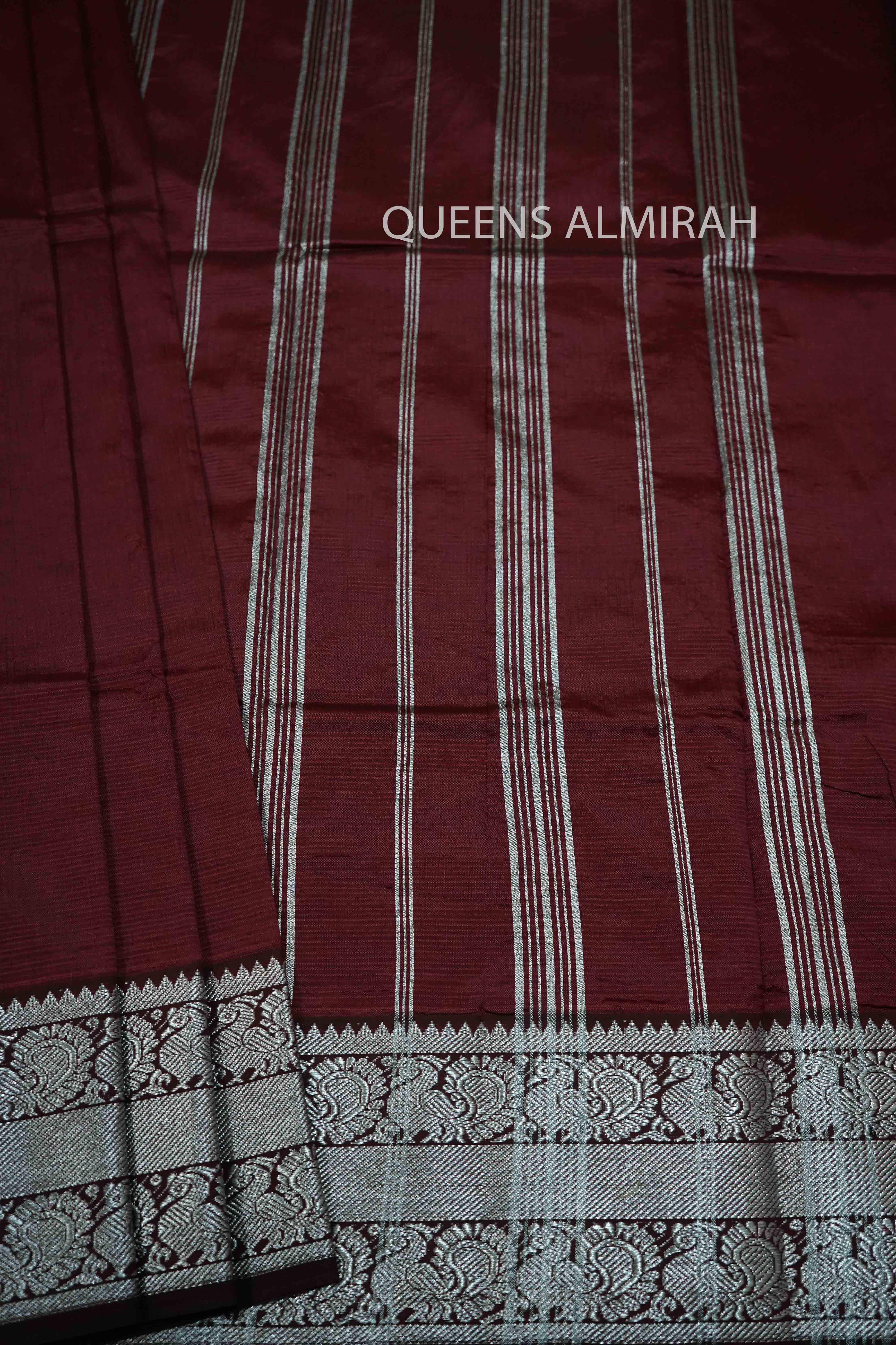 VELVET MAROON WIITH WOVEN BORDER MANGALGIRI SAREE - Queens Jewel Emporium