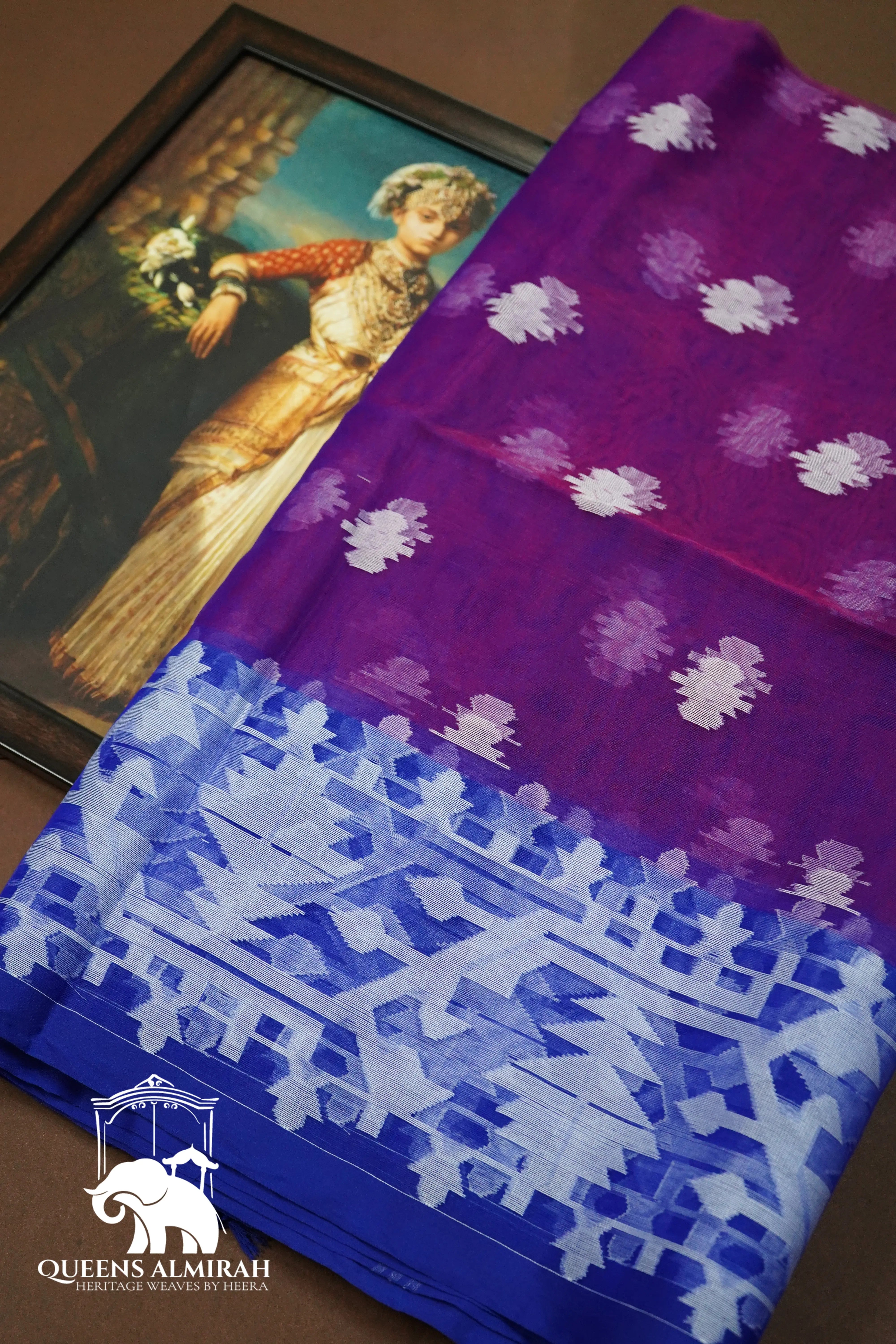 VIOLET WITH PURPLE MUSLIN JAMDANI SAREE - Queens Jewel Emporium