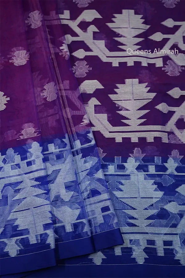 VIOLET WITH PURPLE MUSLIN JAMDANI SAREE - Queens Jewel Emporium