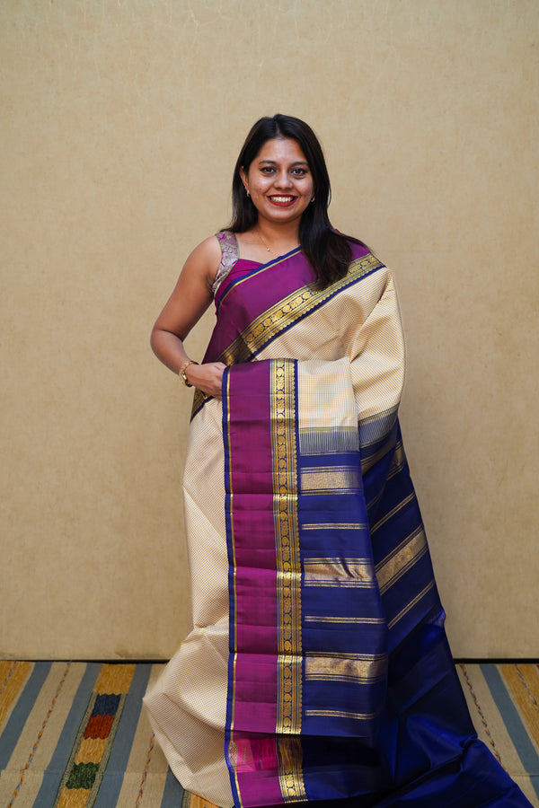 BEIGE MICRO KATTAM PURPLE  PURE KANCHIVARAM SILK SAREE - Queens Jewel Emporium
