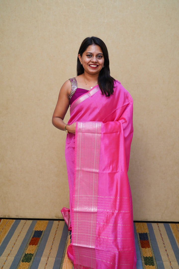 RASPERRY PINK  WITH WOVEN BORDER MANGALGIRI SAREE - Queens Jewel Emporium