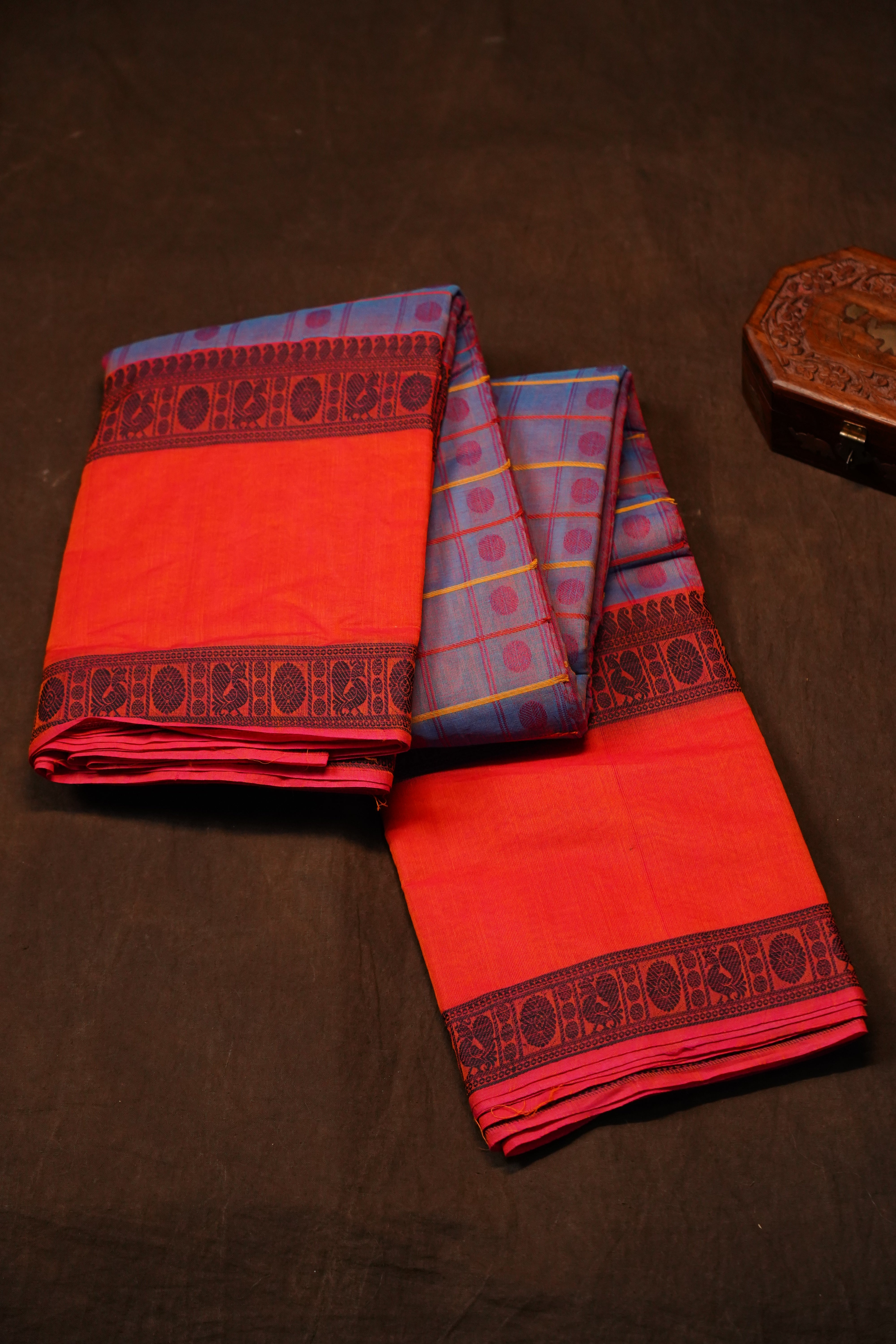 Purplish Grey With Orange Chettinad Cotton Saree