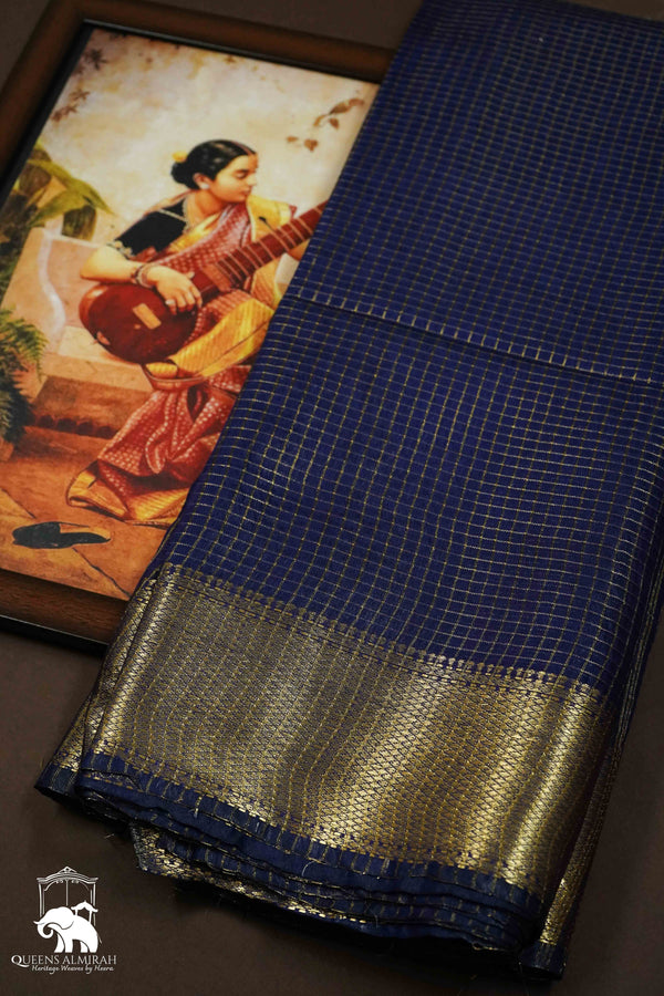 DARK GREY BLUE MAHESHWARI SAREE - Queens Jewel Emporium