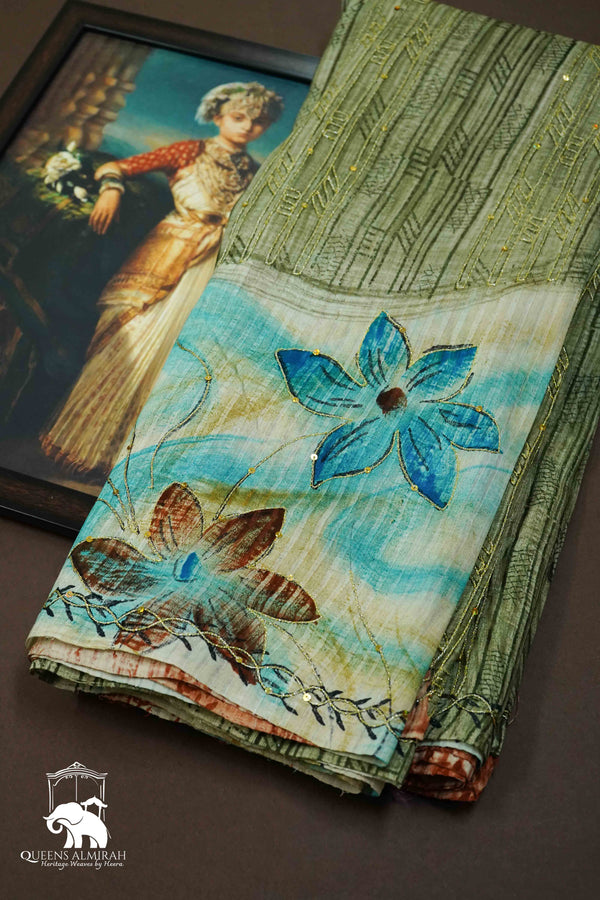 TEAL BLUE MULBERRY SILK SAREE - Queens Jewel Emporium