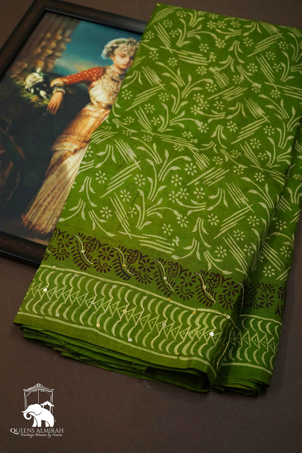 FLATE GREEN MULBERRY SILK SAREE - Queens Jewel Emporium