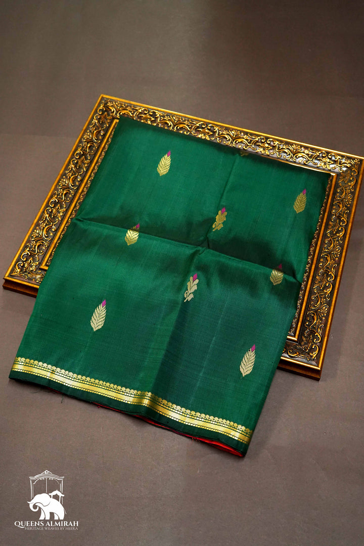 PALM GREEN WITH GOLD BORDER SOFT SILK SAREE - Queens Jewel Emporium