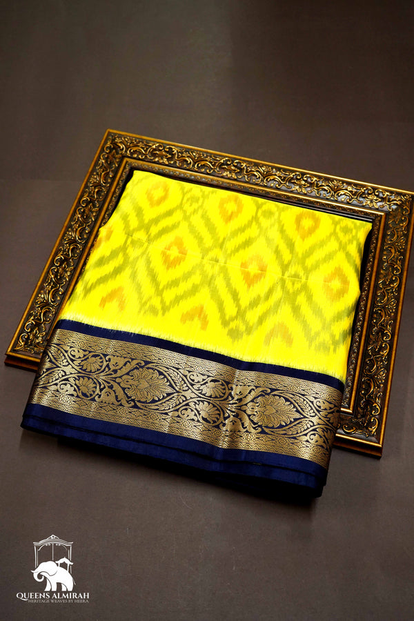 OLIVE YELLOW WITH CHARCOAL BLUE SOFT SILK SAREE - Queens Jewel Emporium