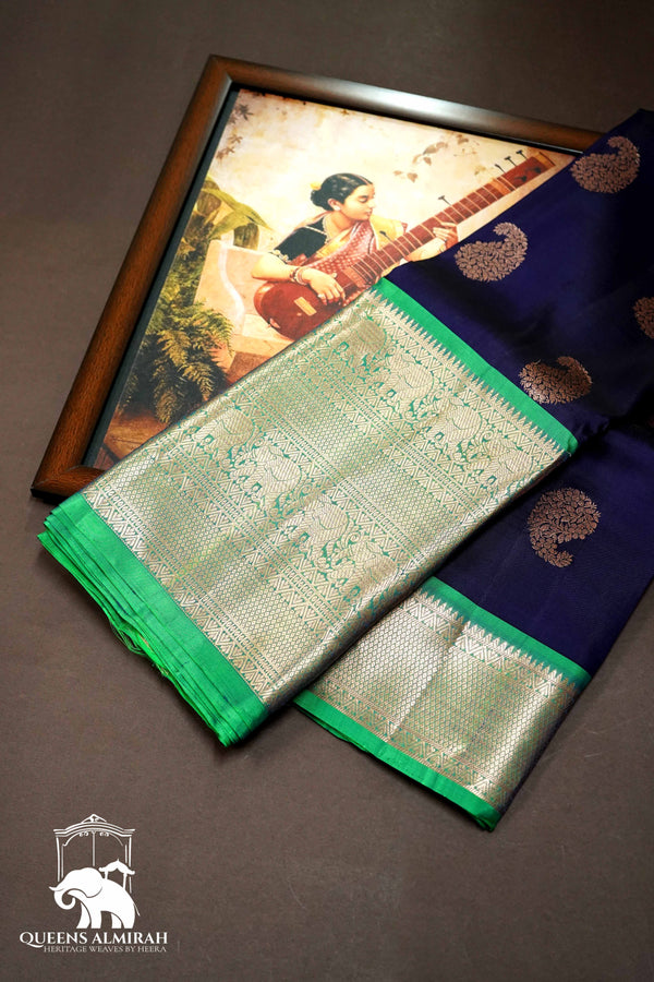 DARK PURPLE WITH SPRING GREEN KANCHIVARAM SILK SAREE - Queens Jewel Emporium
