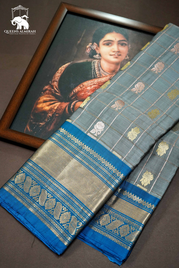 PALE SKY BLUE WITH NILE BLUE KANCHIVARAM SILK SAREE - Queens Jewel Emporium