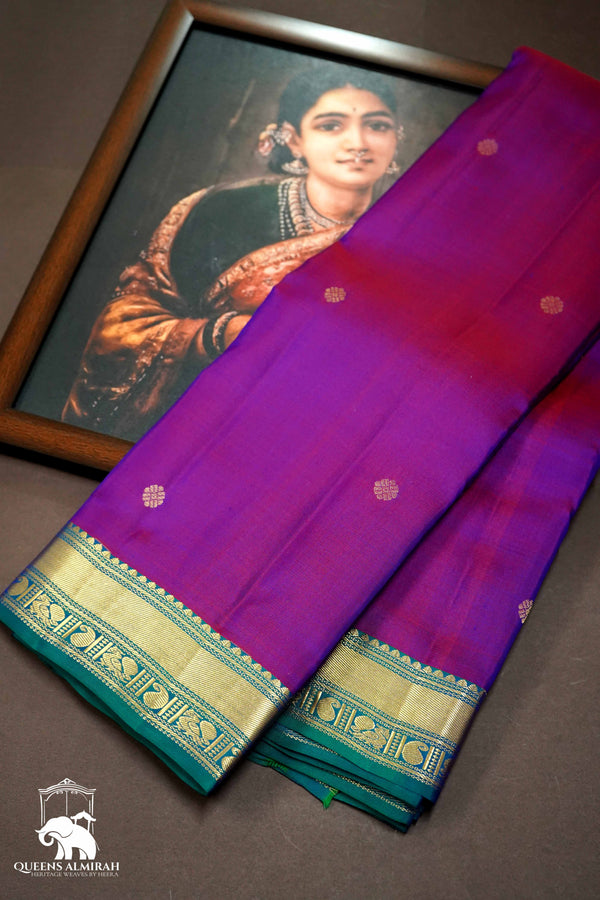 DARK PURPLE WITH NAVY GREEN KANCHIVARAM SILK SAREE - Queens Jewel Emporium