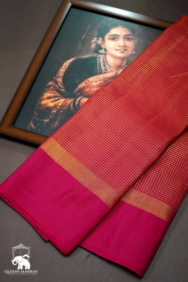 ROUGE PINK WITH DARK PINK KANCHIVARAM SILK SAREE - Queens Jewel Emporium
