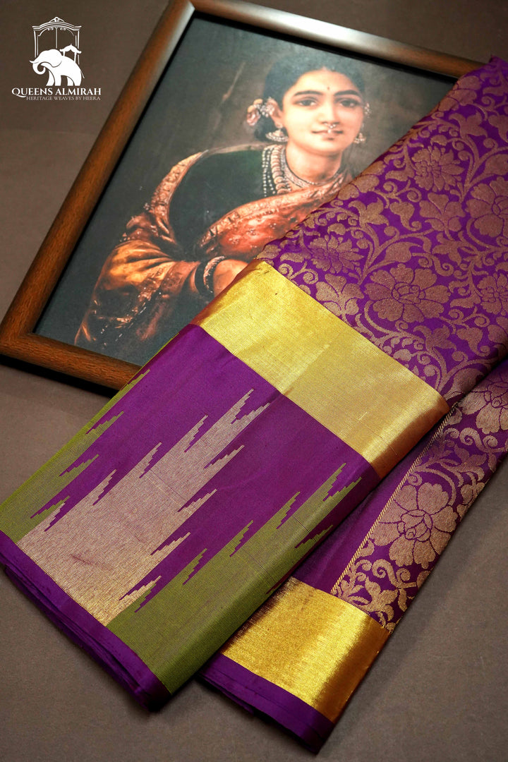 PURPLE WITH TEMPLE ZARI BORDER KANCHIVARAM SILK SAREE - Queens Jewel Emporium