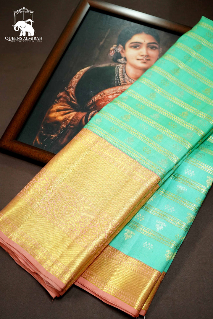 MINT GREEN WITH PEACH PINK KANCHIVARAM SILK SAREE - Queens Jewel Emporium